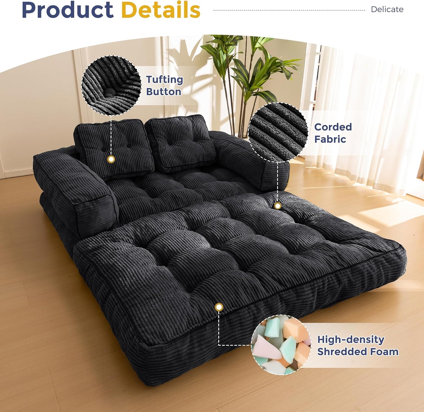 Folding Sofa Bed, L-Shaped Convertible Sofa Bed with Armrests and Pillows,