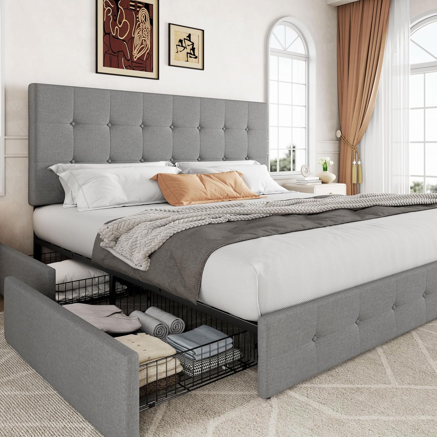 Allewie Upholstered Queen Size Platform Bed Frame with 4 Storage Drawers and Headboard, Square Stitched Button Tufted, Mattress Foundation with Wooden Slats Support, No Box Spring Needed