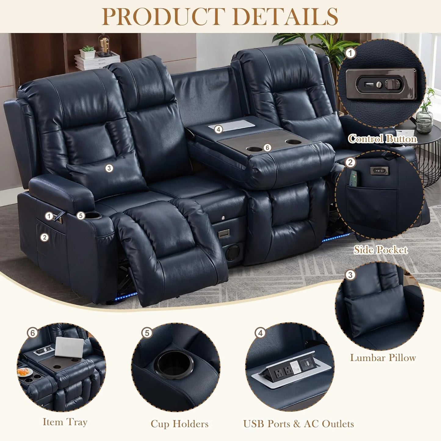 TUNYI Power Loveseat Recliner Sofa with Massage & Heat Home Theater Seating with Console Electric Recliner RV Sofa with USB/Outlet/Storage/Side Pocket/LED Light/Speaker (Brown, Loveseat)