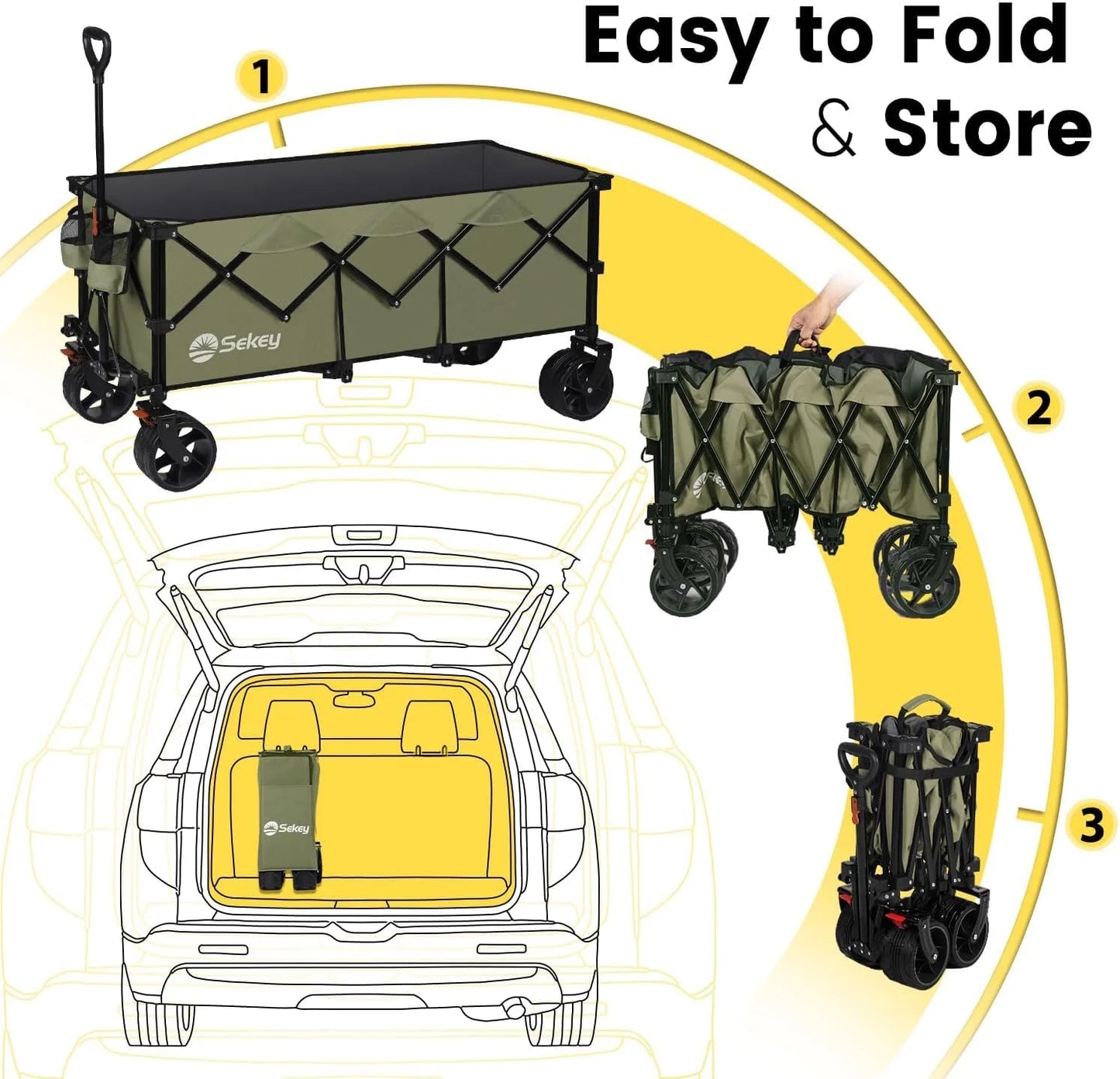 Sekey 48 Inch Long Foldable Extended Travel Cart, 440 Lbs Load Capacity, Heavy Duty 300 Liter Folding Multi-Purpose Garden Cart