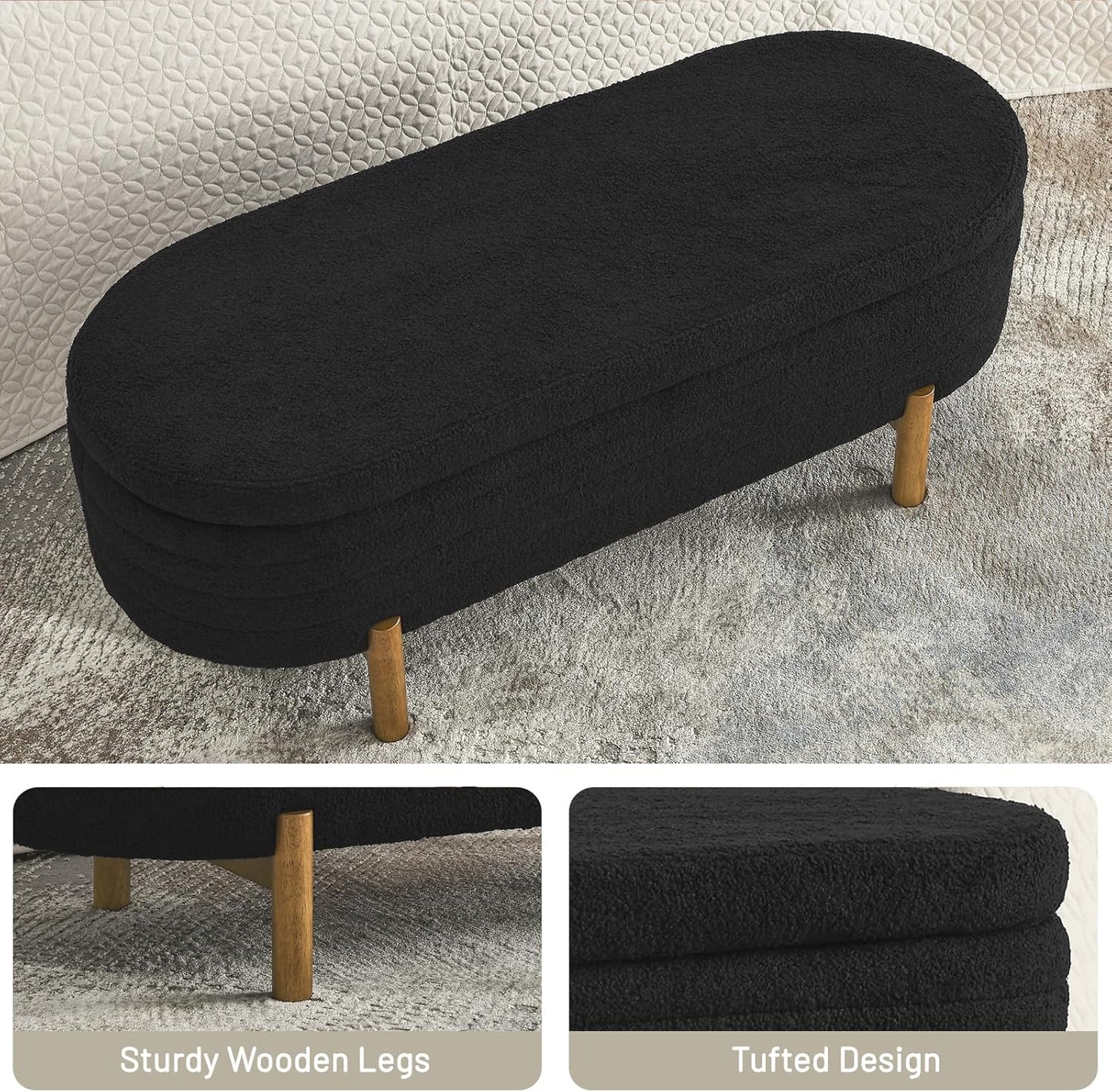 Furniliving Modern Storage Ottoman Bench, Sherpa Ottoman End of Bed Bench with Solid Wood Legs Upholstered Ottoman Benches with Storage Indoor Bench