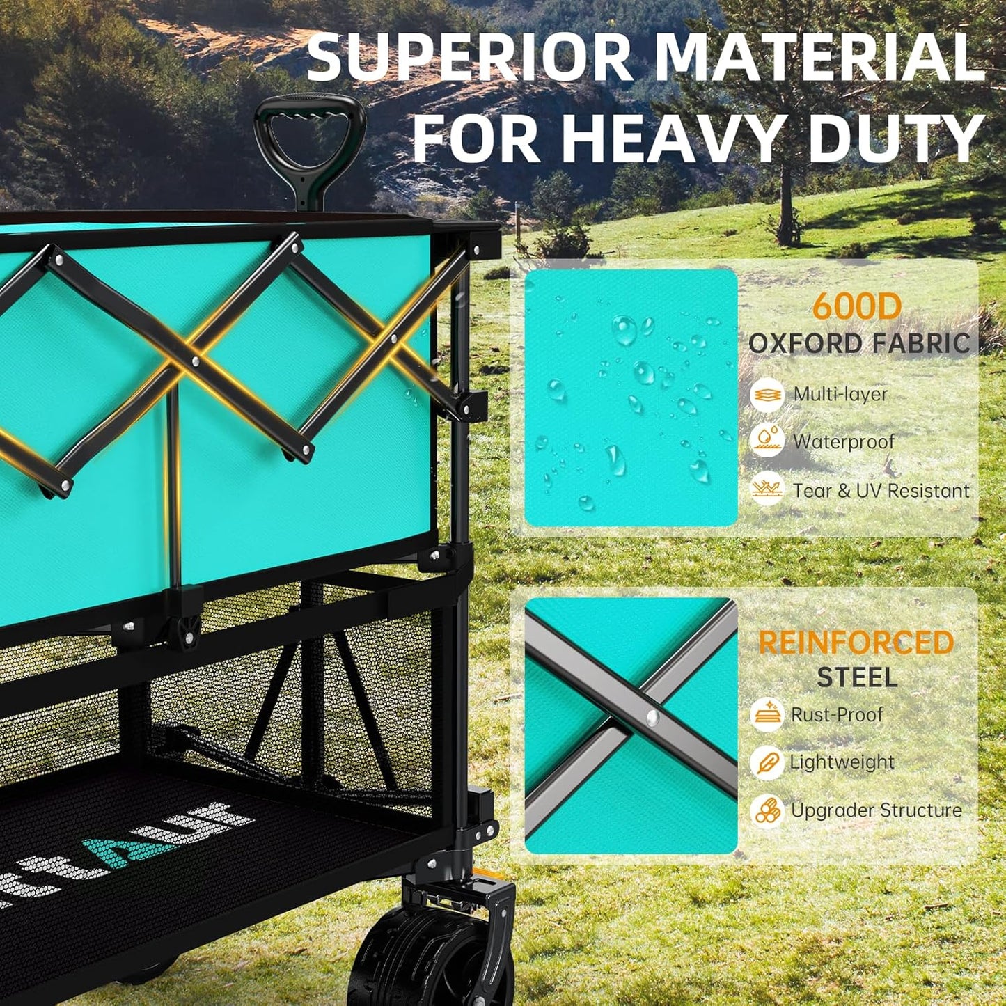 Foldable 50''L Extra Long Double Decker Wagon for Sport, 400L Collapsible Heavy Duty Wagon Cart with Big Wheels, Utility All-Terrain Large Extender Cart for Outdoors