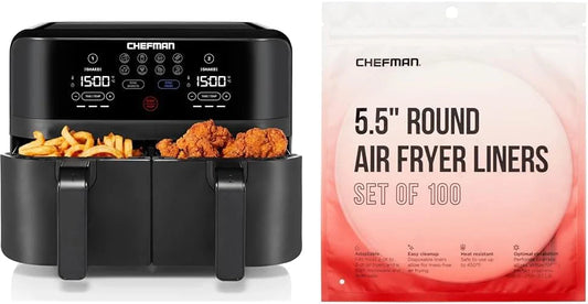 Chefman 6-Quart Dual Basket Air Fryer - Digital Touchscreen, Smart Sync Finish, High-Frying, Auto-Off, 2 Independent 3-Quart Nonstick Pans, Dishwasher-Safe Baskets