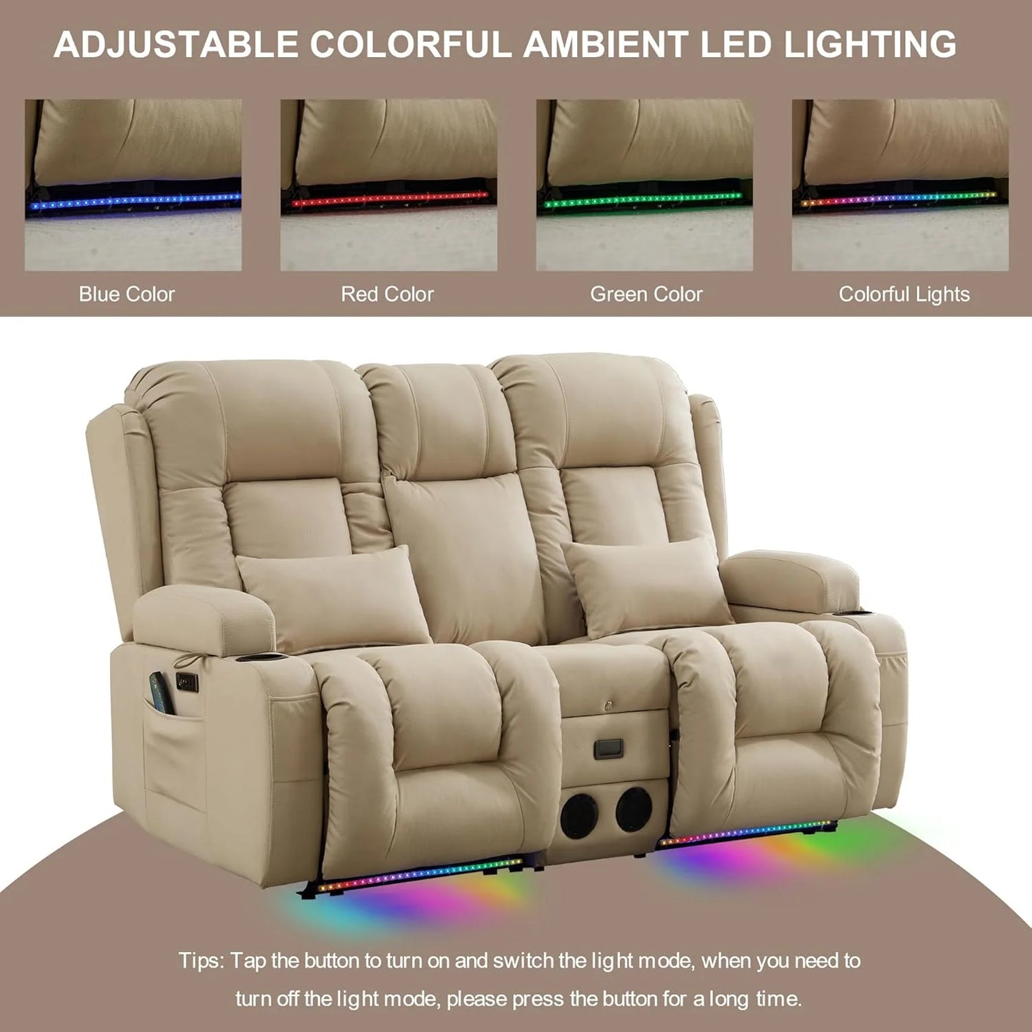 TUNYI Power Loveseat Recliner Sofa with Massage & Heat Home Theater Seating with Console Electric Recliner RV Sofa with USB/Outlet/Storage/Side Pocket/LED Light/Speaker (Brown, Loveseat)