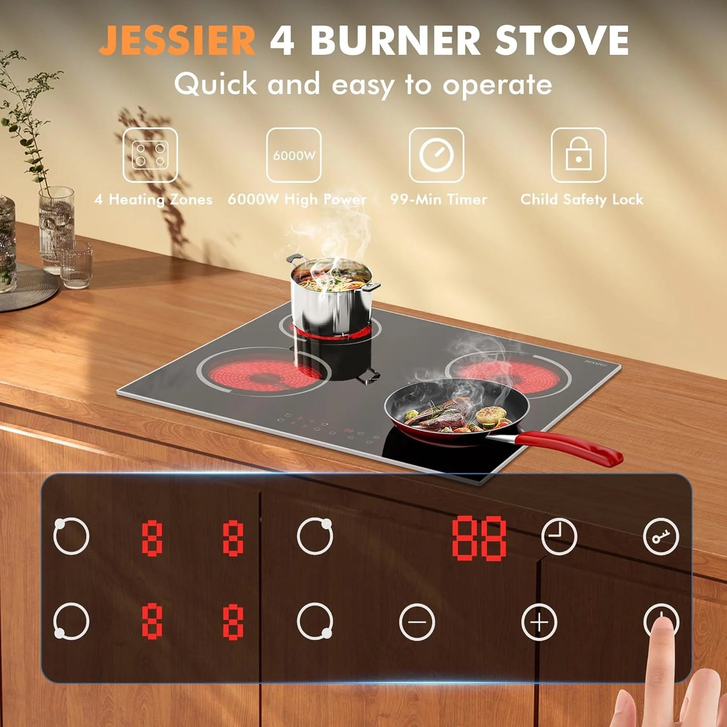 Electric Cooktop 30 Inch - 5 Burners Built-in Ceramic Cooktop, 30" Electric Stove Top with Glass Protection Metal Frame, 9 Heating Level, 8400W, 220-240V for Hard Wire(No Plug)