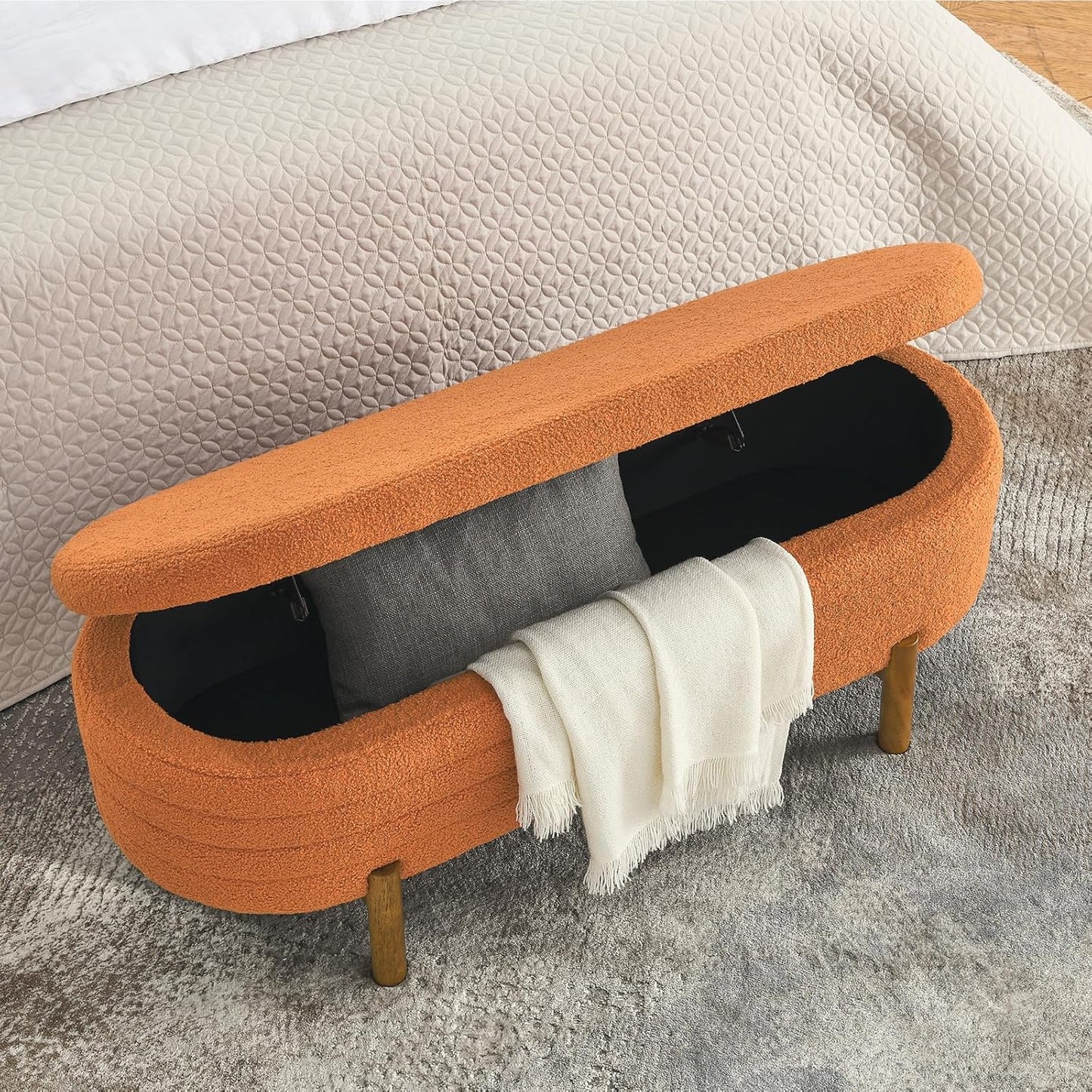 Furniliving Modern Storage Ottoman Bench, Sherpa Ottoman End of Bed Bench with Solid Wood Legs Upholstered Ottoman Benches with Storage Indoor Bench