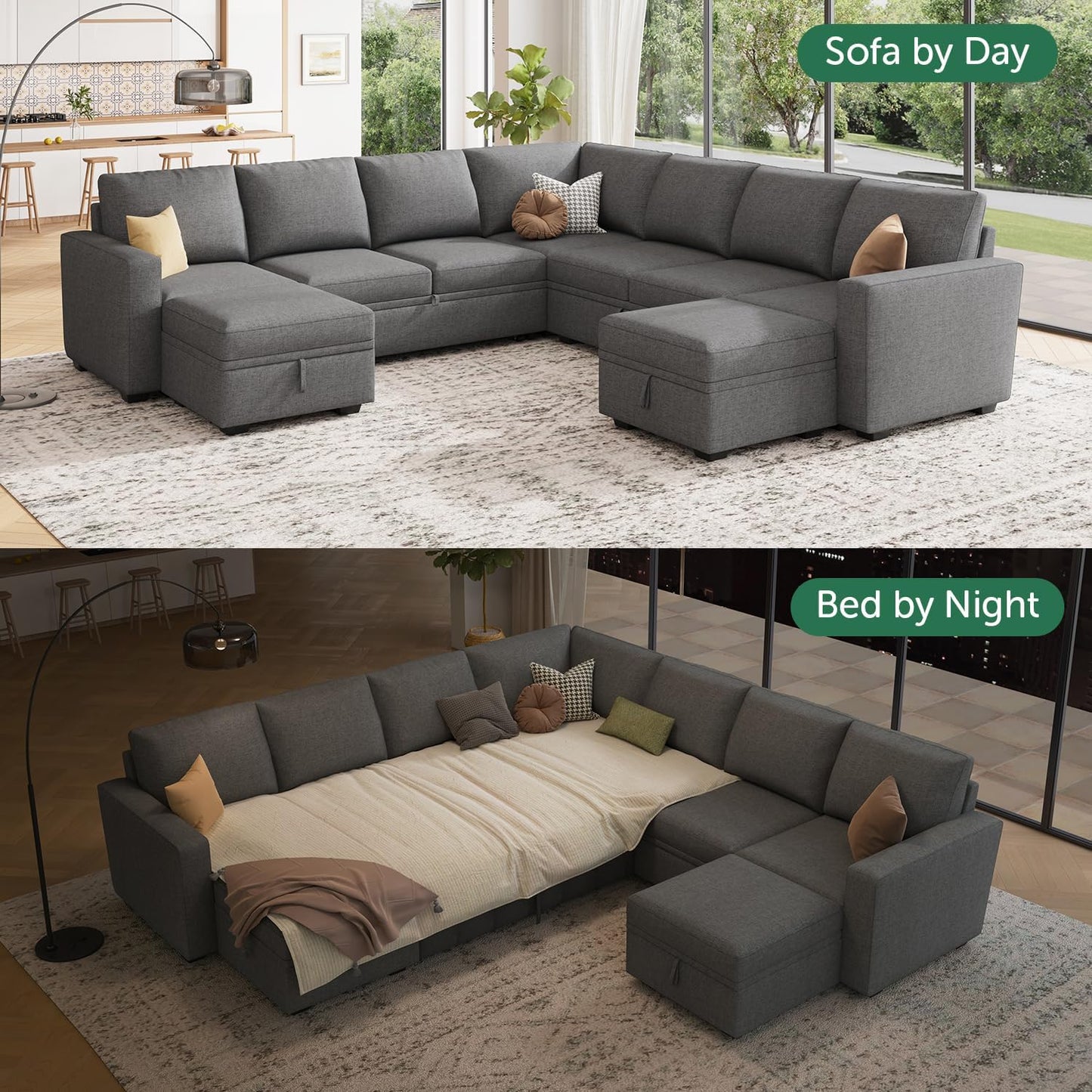 HONBAY Modular Sectional Sleeper Sofa with Pull Out Bed, L Shaped Couch with Storage Seat, Convertible Sectional Couches for Living Room