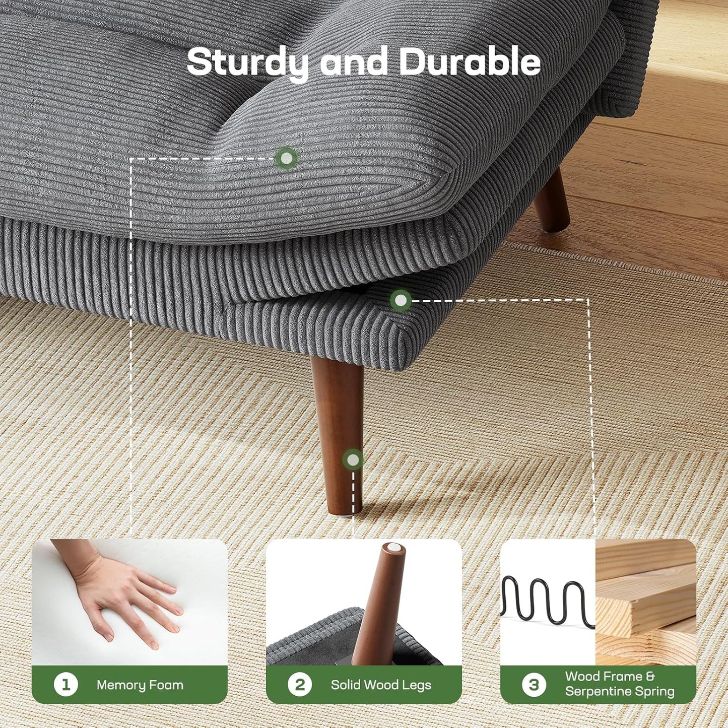 Futon Sofa Bed, Futon Sofa with Adjustable Back and Armrests, Converts to Small Sleeper Sofa Bed Corduroy Loveseat Green