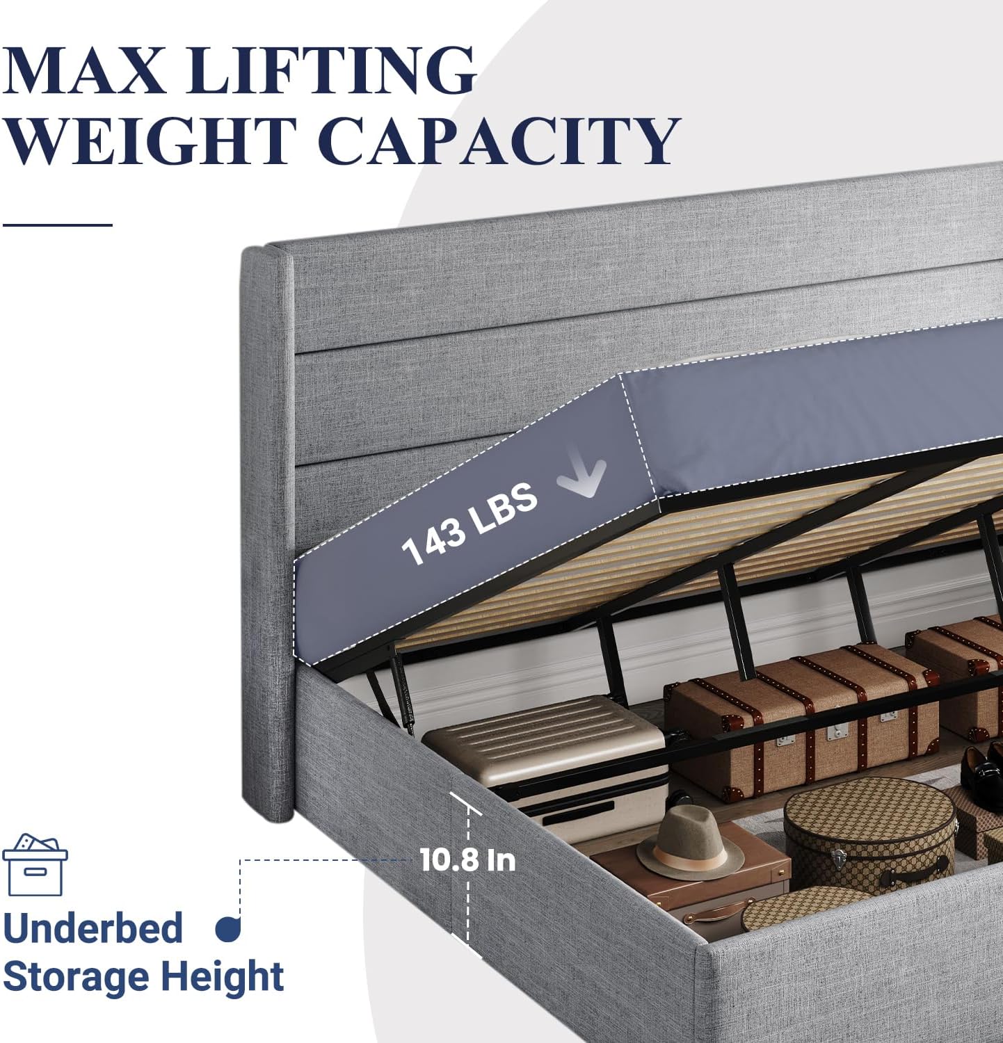 Allewie Queen Size Lift Up Storage Bed, Modern Wingback Headboard, Hydraulic Support, No Box Spring Needed, Light Beige