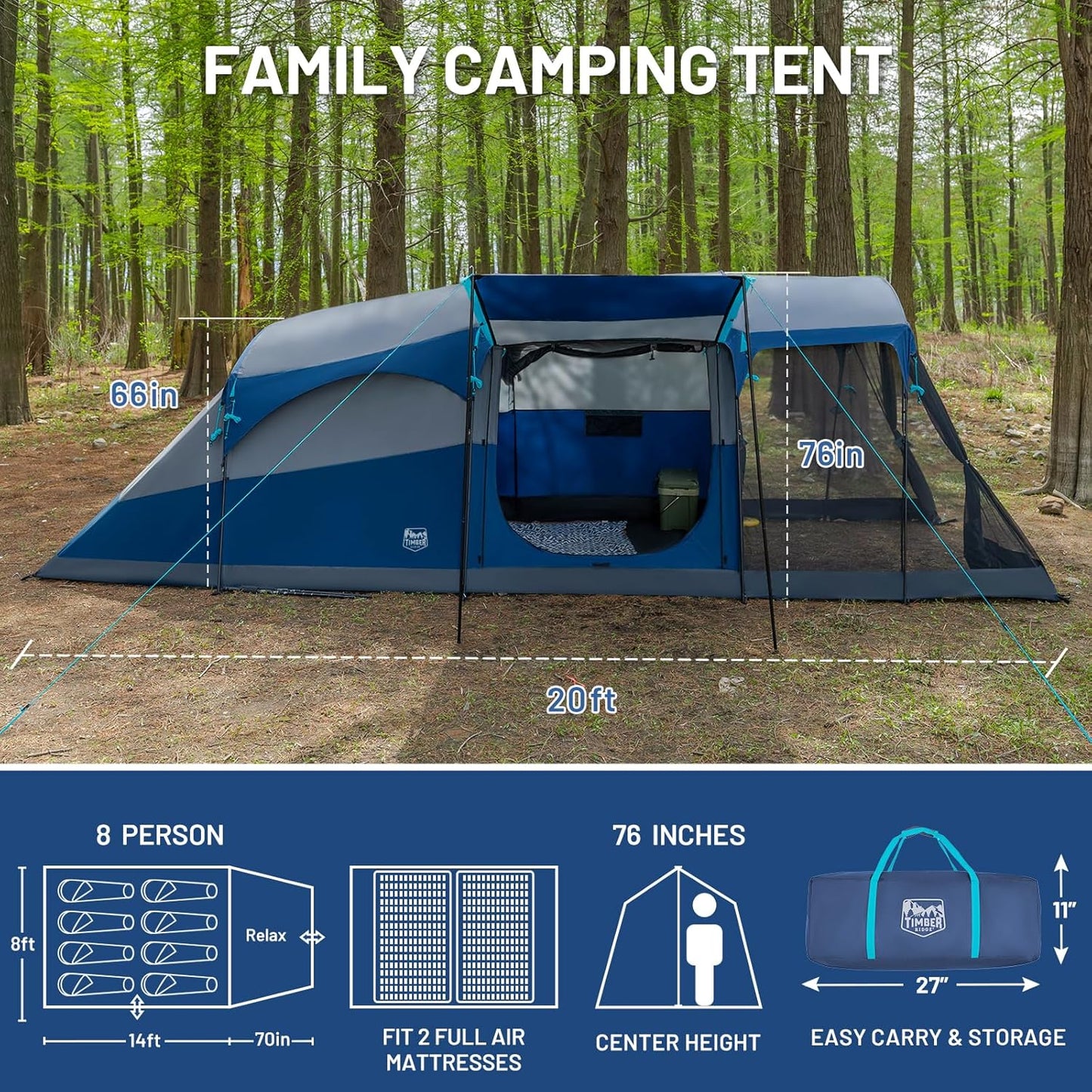 TIMBER RIDGE 8 Person Family Camping Tent with Screen Room, Double Layer Waterproof Weather Resistant Big Tunnel Tent with Rainfly Carry Bag, Large Family Tent for Outdoor Party 20ft x 8ft x 76in