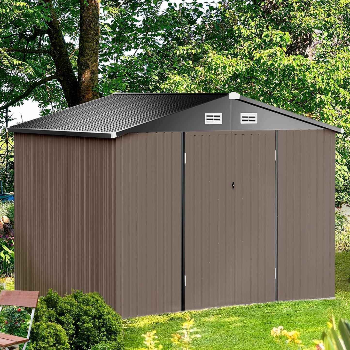 Aoxun 6.2x4 FT Shed Outdoor Storage Shed Metal Garden Shed with Lockable Doors & Slooping Roof Tool Shed Bike Shed for Backyard, Patio, Poolside (Brown)