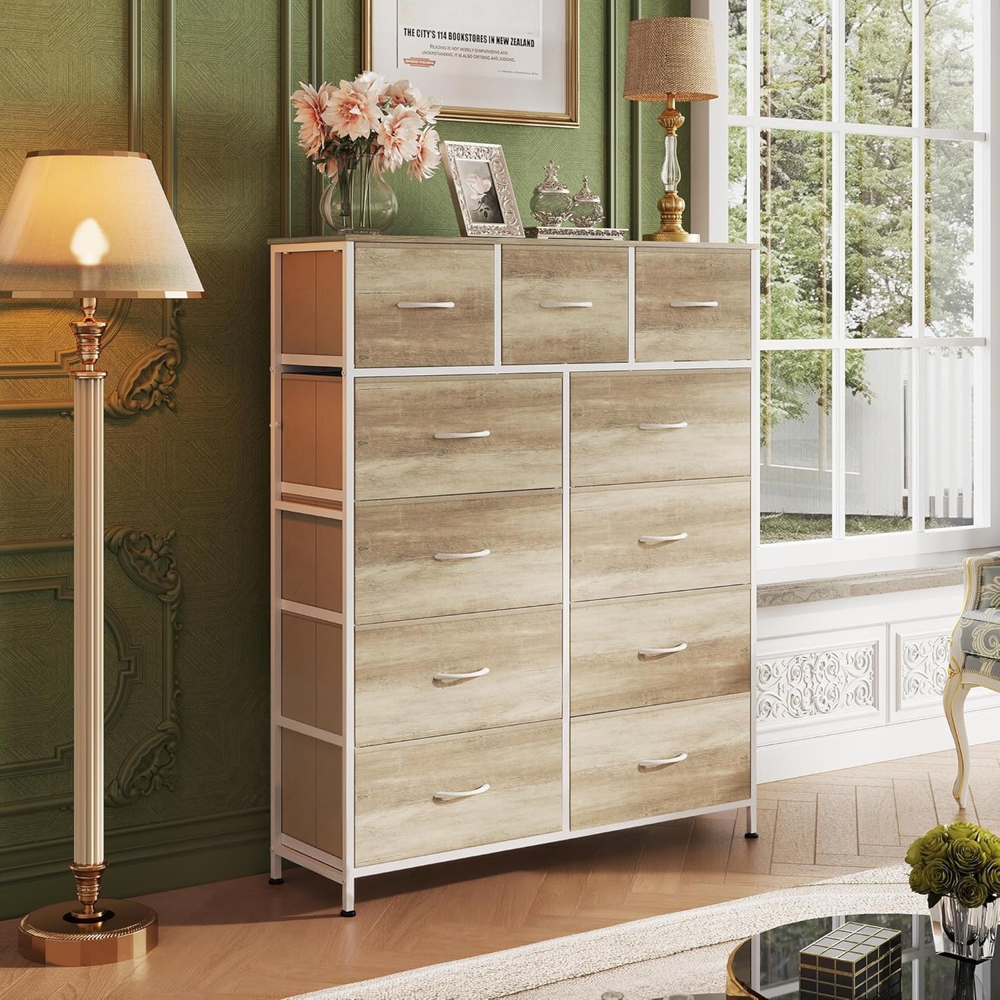 Storage Organizer Unit with 11 Fabric Bins, Storage Drawers Organizer with Steel Frame, Tall Storage Tower Organizaton