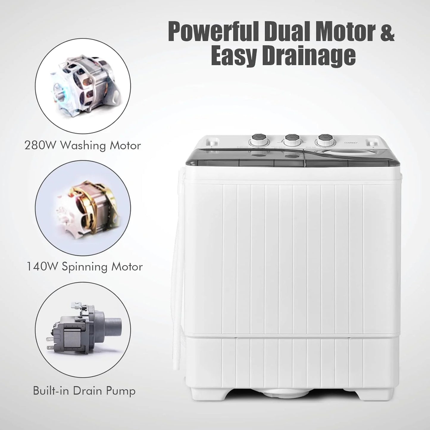 COSTWAY Double Tub 26 lb Capacity Laundry 18 lb 8 lb Spin Combo with Timer Knob Built-in Drain Pump Small Portable Washing Machine