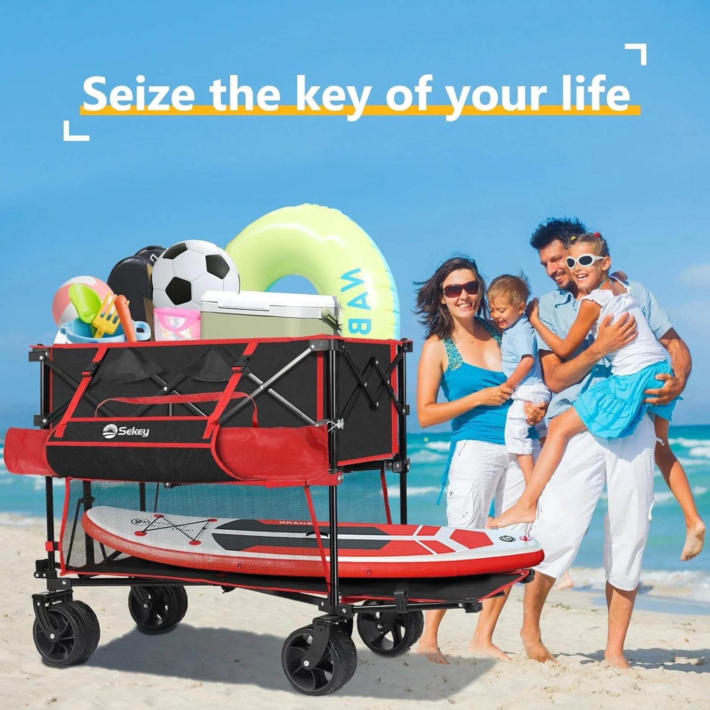 400L Large Capacity Folding Double Decker Wagon with Brakes, 50" Extra Long Extender Cart, 500lbs Heavy Duty Collapsible Wagons