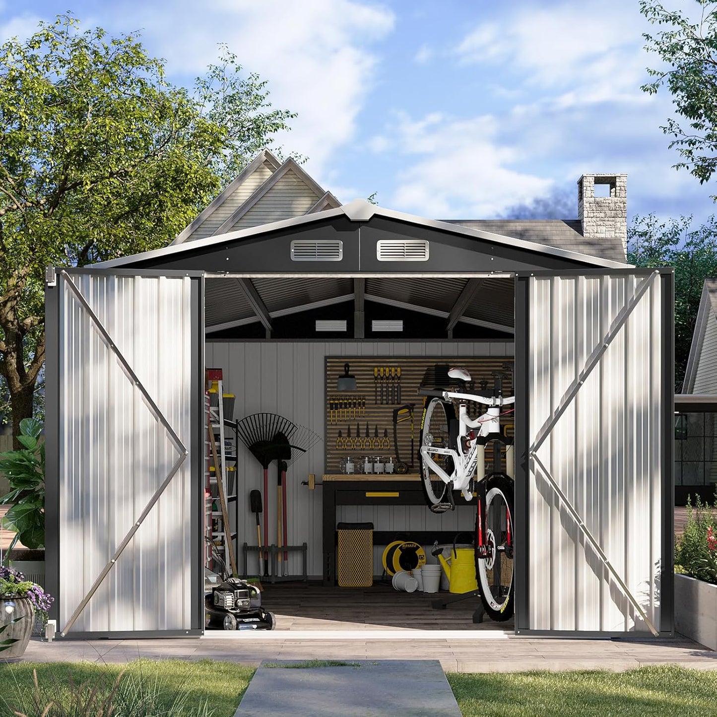 Aoxun 12x10 FT Shed Metal Outdoor Waterproof Storage Shed Steel Utility Garden Tool Shed with Door & Lock Outdoor Storage for Garden Patio Lawn Poolside, Brown