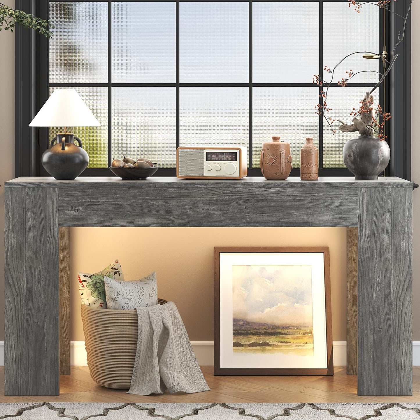 63-Inch Long Console Table with LED Light Farmhouse Sofa Table Behind Couch