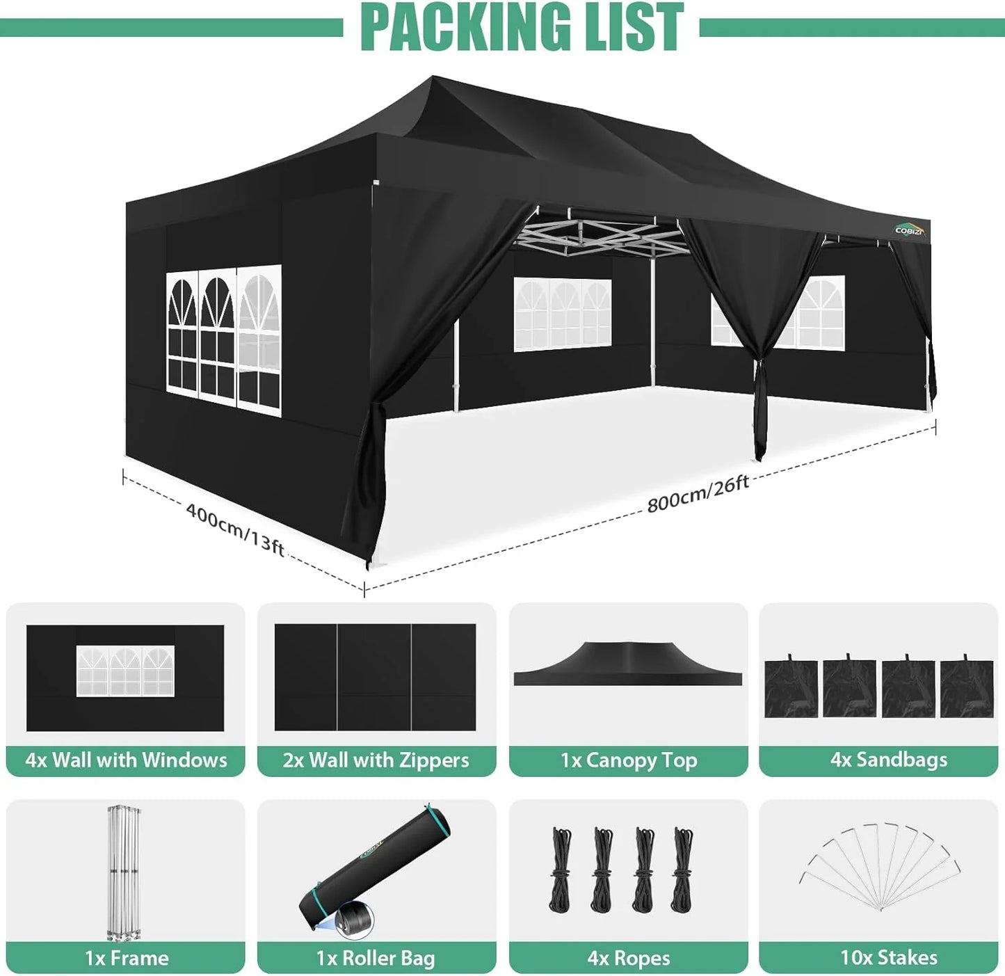 COBIZI 10x20 Heavy Duty Pop up Canopy Tent with 6 sidewalls Easy Up Commercial Outdoor Canopy Wedding Party Tents for Parties All Season Wind & Waterproof Gazebo with Roller Bag,Black(Frame Thickened)