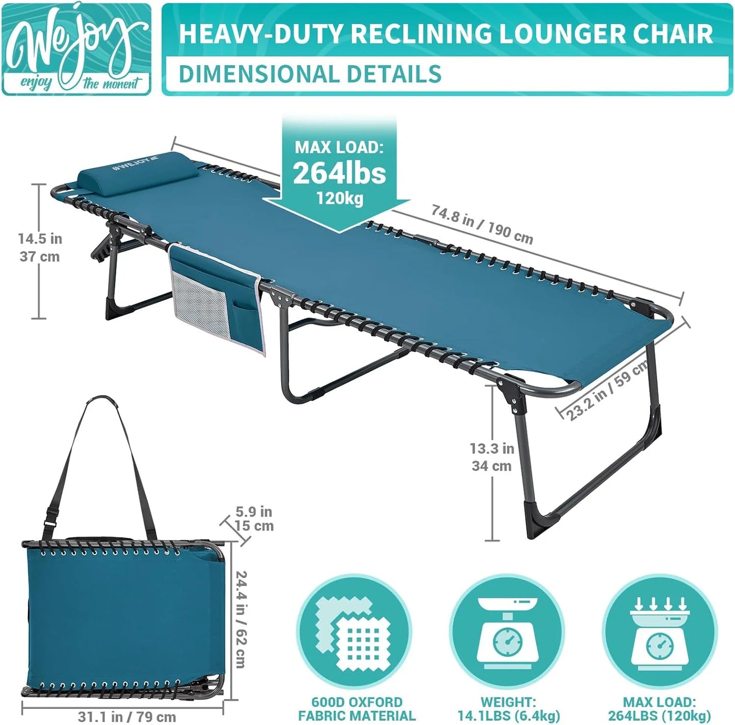 2 Pack Outdoor Chaise Lounge Chair - Portable Folding Patio Pool Lounge Chair, 5 Positions Adjustable Reclining Camping Chair with Side Table,Shoulder Strap, Pillow for Beach Sunbathing Lawn