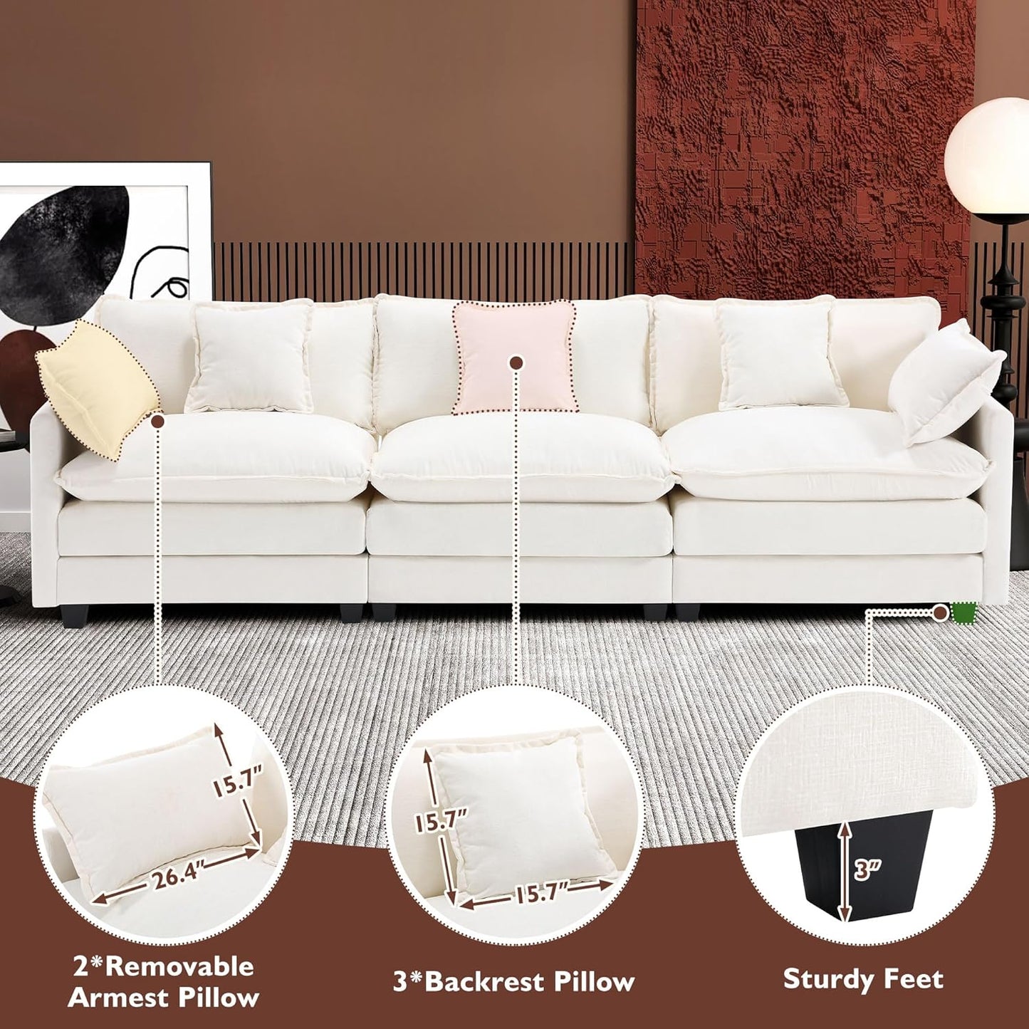 111.4 Inch L-Shaped Modern Sofa Modular Cloud Sofa with Ottoman, 4-Seater Chenille Deep Seat Sofa with Pillows for Living Room, Bedroom and Apartment, Beige
