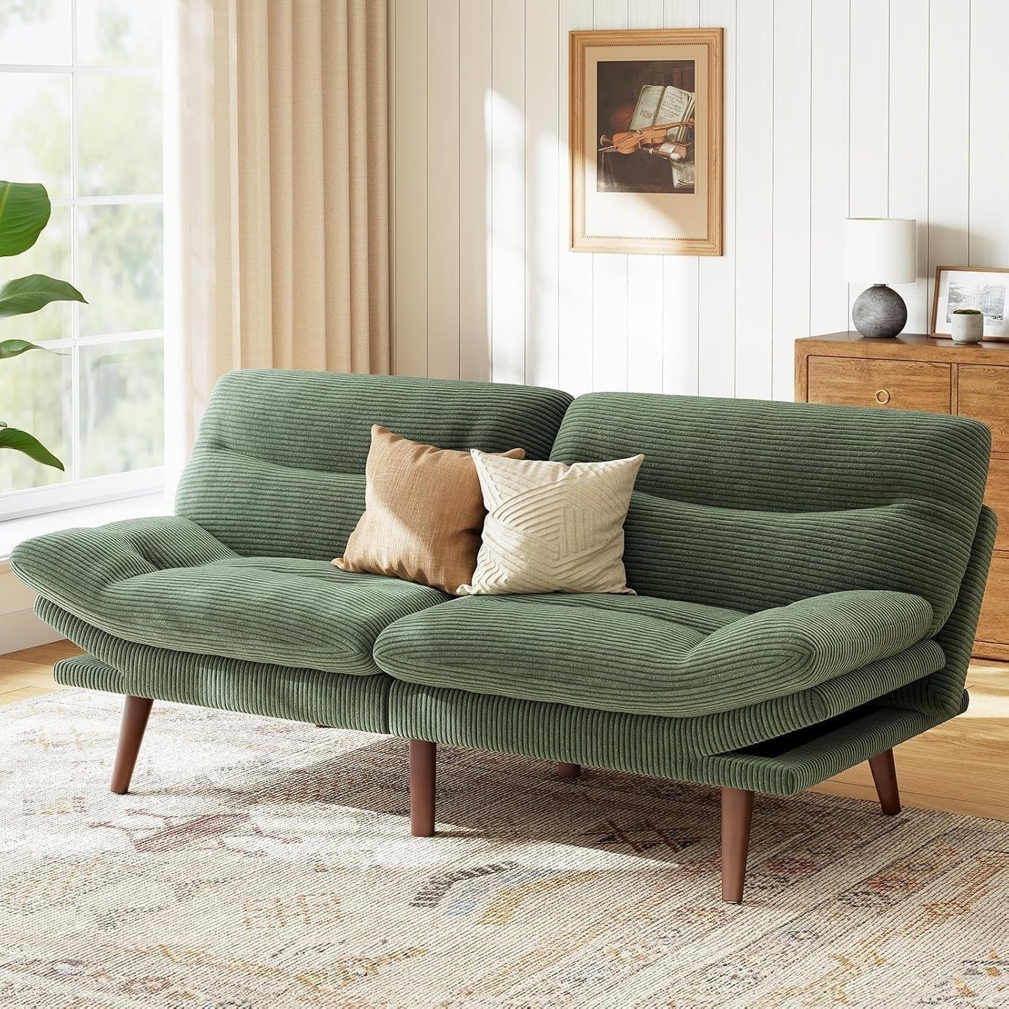 Futon Sofa Bed, Futon Sofa with Adjustable Back and Armrests, Converts to Small Sleeper Sofa Bed Corduroy Loveseat Green