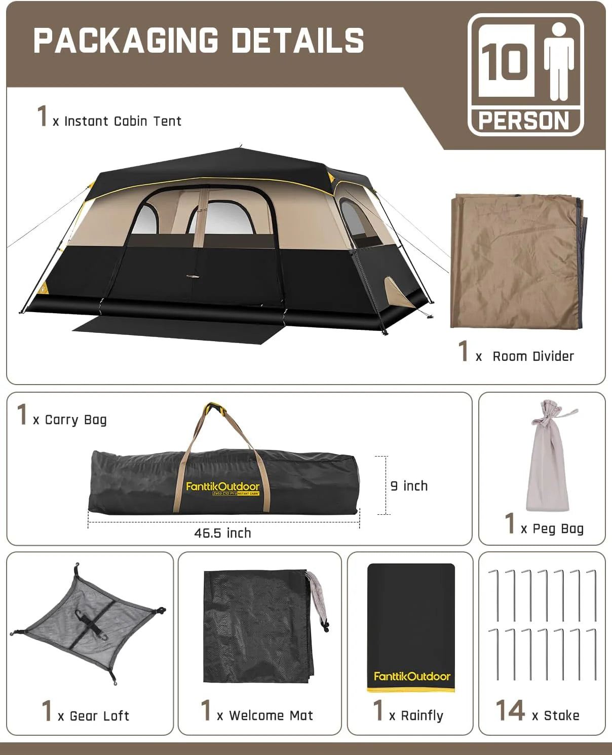 Portable camping tent for 4/6/8/10 people with instant cabin and rainproof and windproof