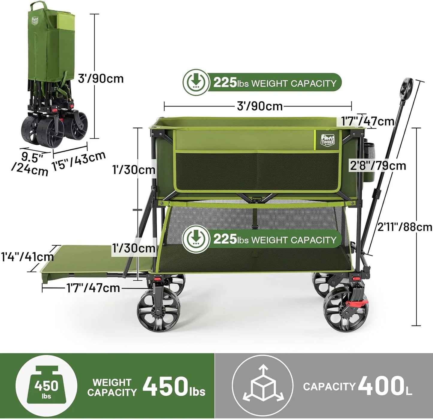 400L Large Capacity Folding Double Decker Cart with Brakes, 54 Inch Extra Long Extended Cart, 450 Pounds Heavy Duty Folding Cart
