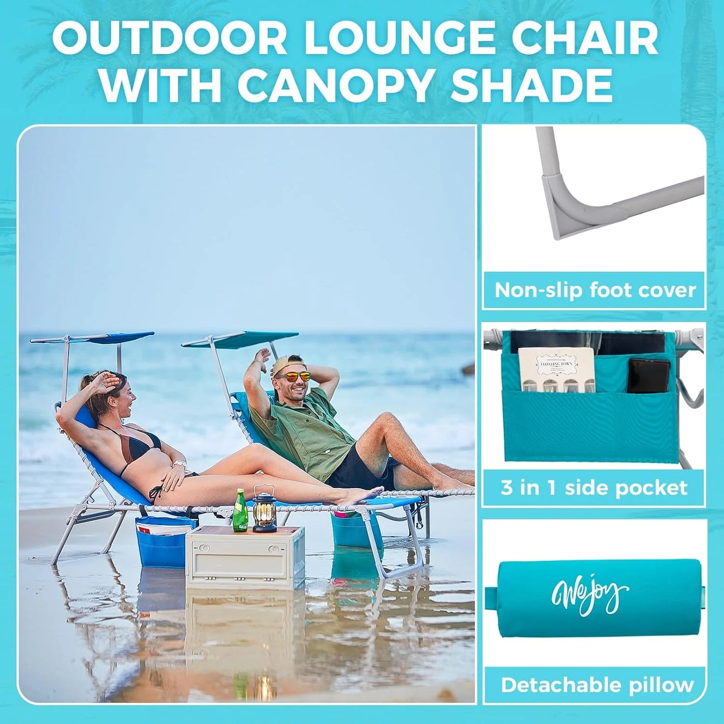 2 Pack Outdoor Chaise Lounge Chair - Portable Folding Patio Pool Lounge Chair, 5 Positions Adjustable Reclining Camping Chair with Side Table,Shoulder Strap, Pillow for Beach Sunbathing Lawn