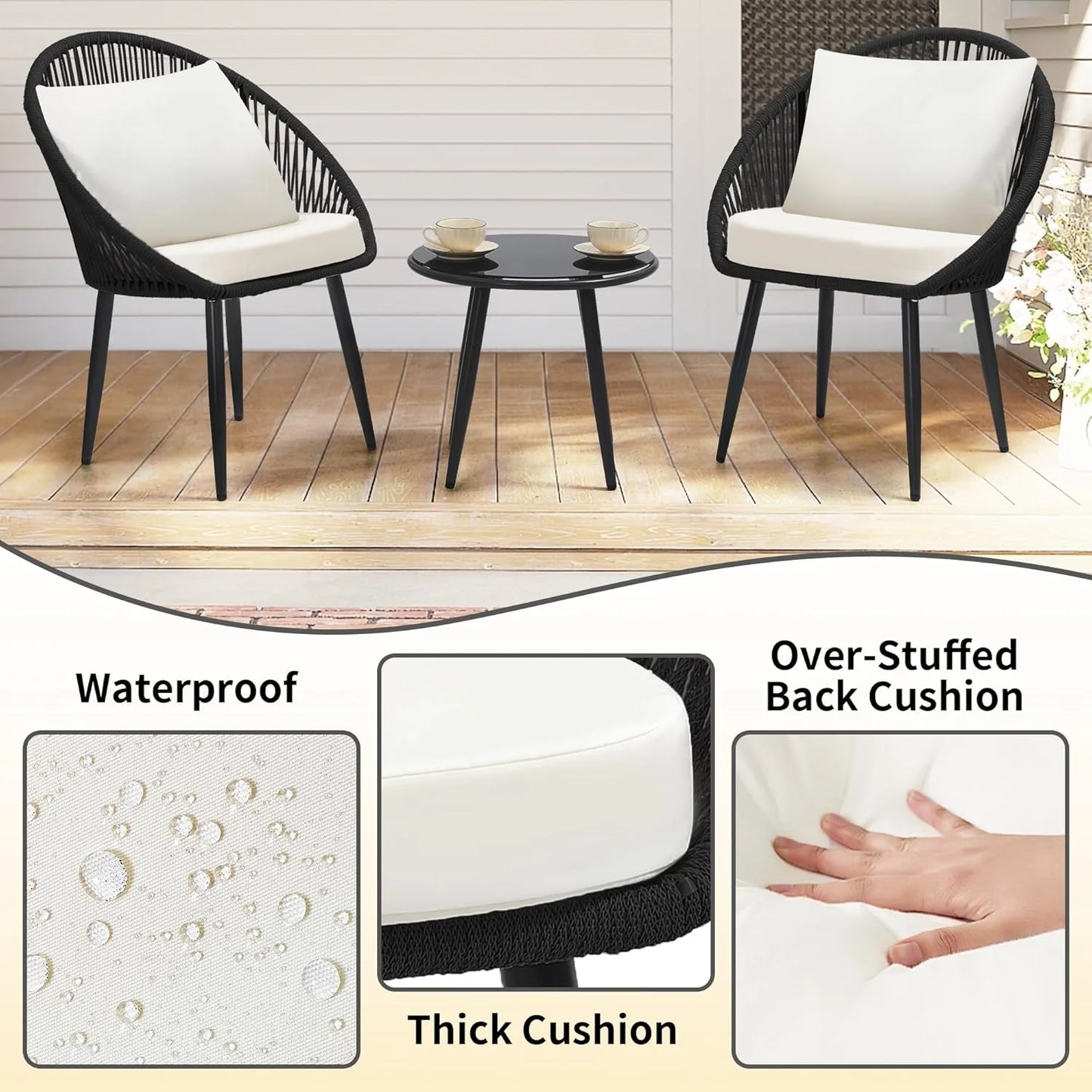 3 Piece Bistro Set, Woven Rope Chair with Cushions, All Weather Patio Conversation Set with Side Table, Ideal for Deck, Balcony, Poolside, Black