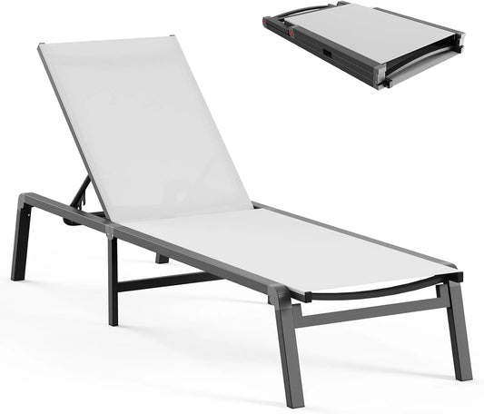 Aluminum Chaise Lounge Ourdoor - Foldable & Assemble Free Outdoor Lounge Chair with 5 Adjustable Backrest, Patio Lounge Chair for Outside Poolside Beach Pool, Black