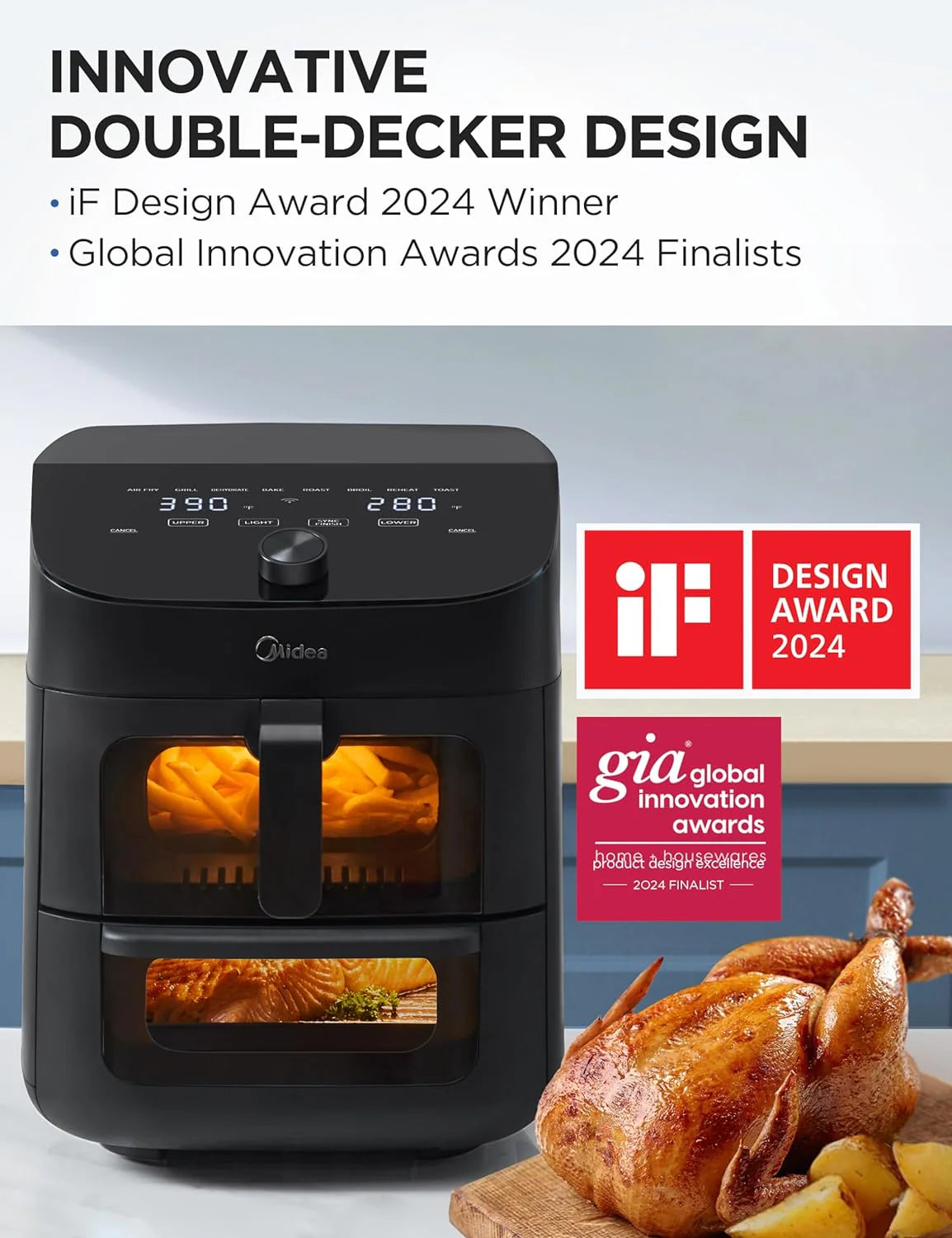 Dual Basket Air Fryer Oven 11 Quart 8 in 1 Functions, Clear Window, Smart Sync Finish, Works with Alexa, Wi-Fi Connectivity, 50+ App Recipes for family meals, Bake, Roast, Grill, Broil, Toast