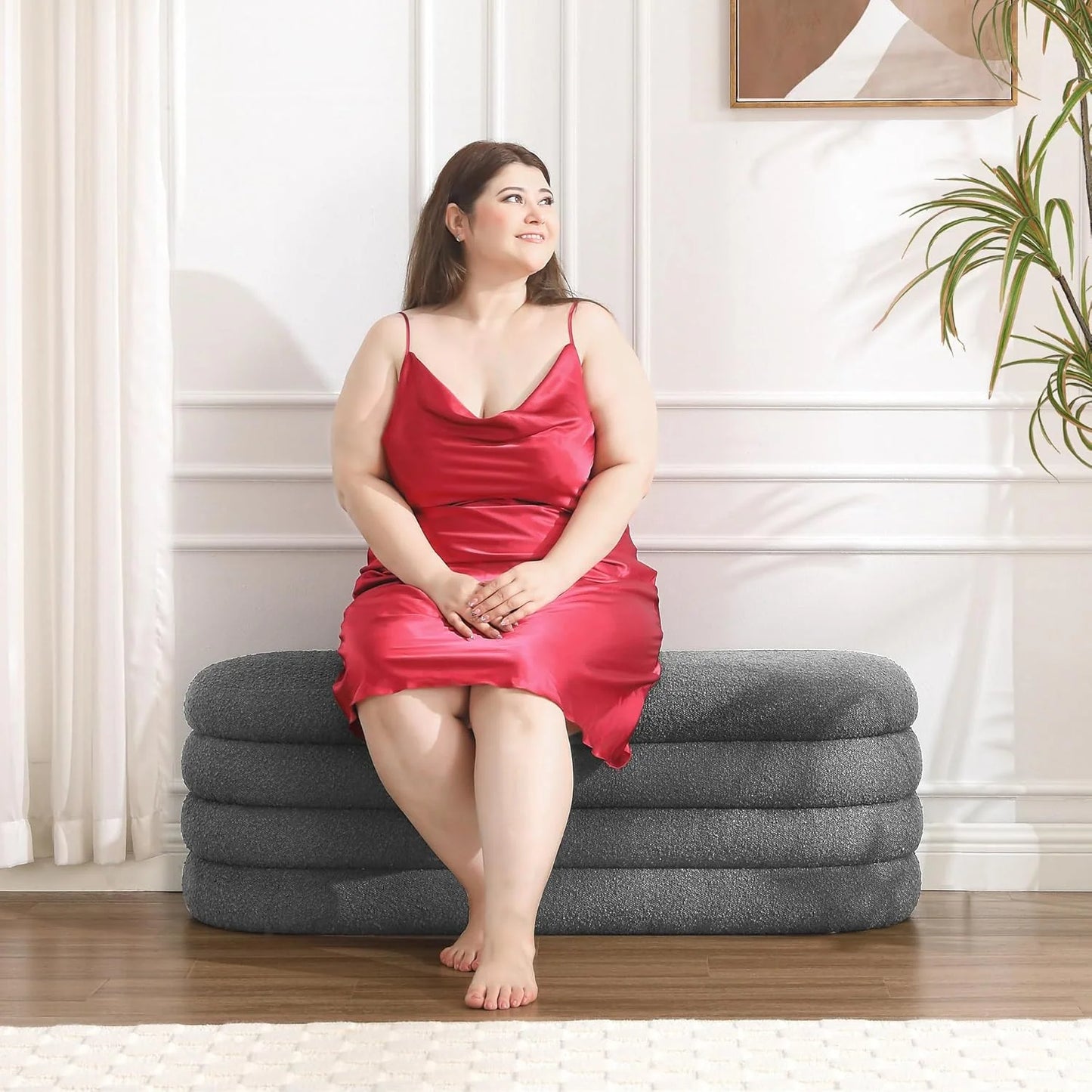 Storage Ottoman Bench 49.2 Inch Upholstered Fabric Storage Bench