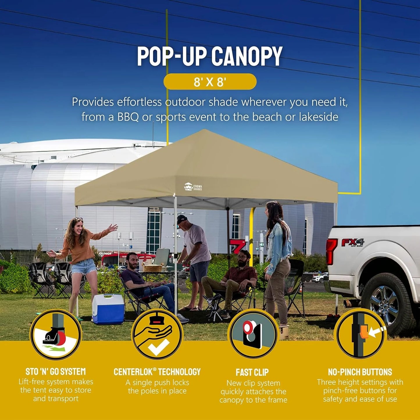 10x10 Pop-Up Awning - One-Click Installation Beach Tent - Outdoor Sunshade Silver Coated Top, 3 Heights and 4 Sand Pockets