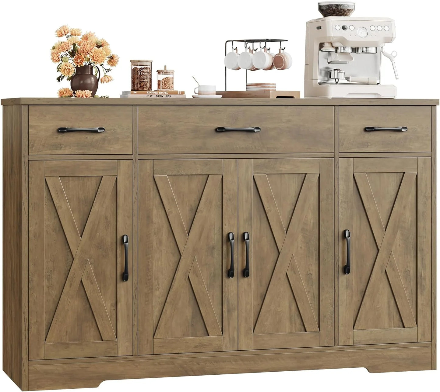 Sideboard with drawers, large 55-inch sideboard, sideboard storage with shelves and doors, modern farmhouse coffee bar wood kitchen dining table
