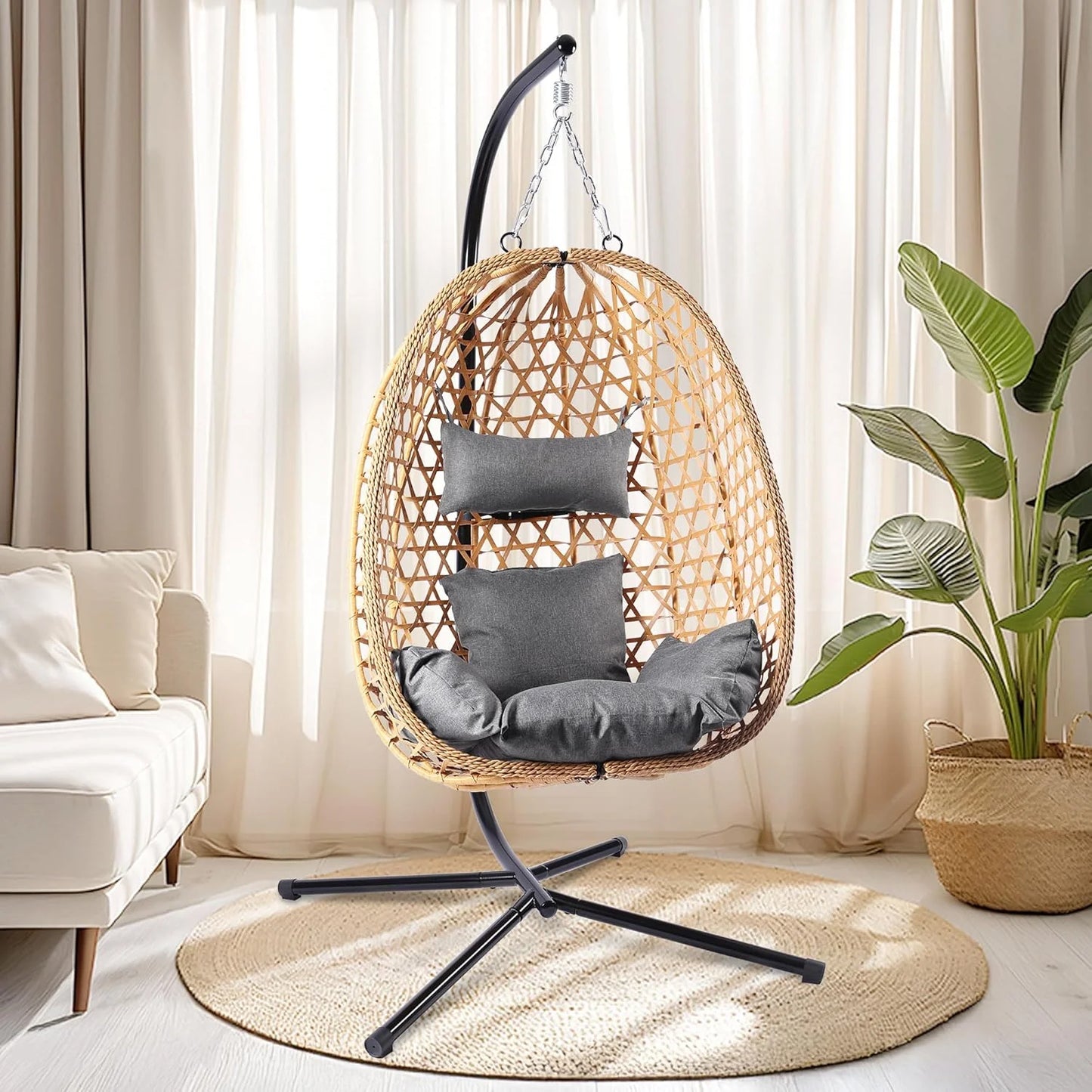 Egg Chair with Stand, Patio Wicker Hanging Chair, Hammock Swing Chair, 350LBS Capacity for Bedroom, Balcony, Garden