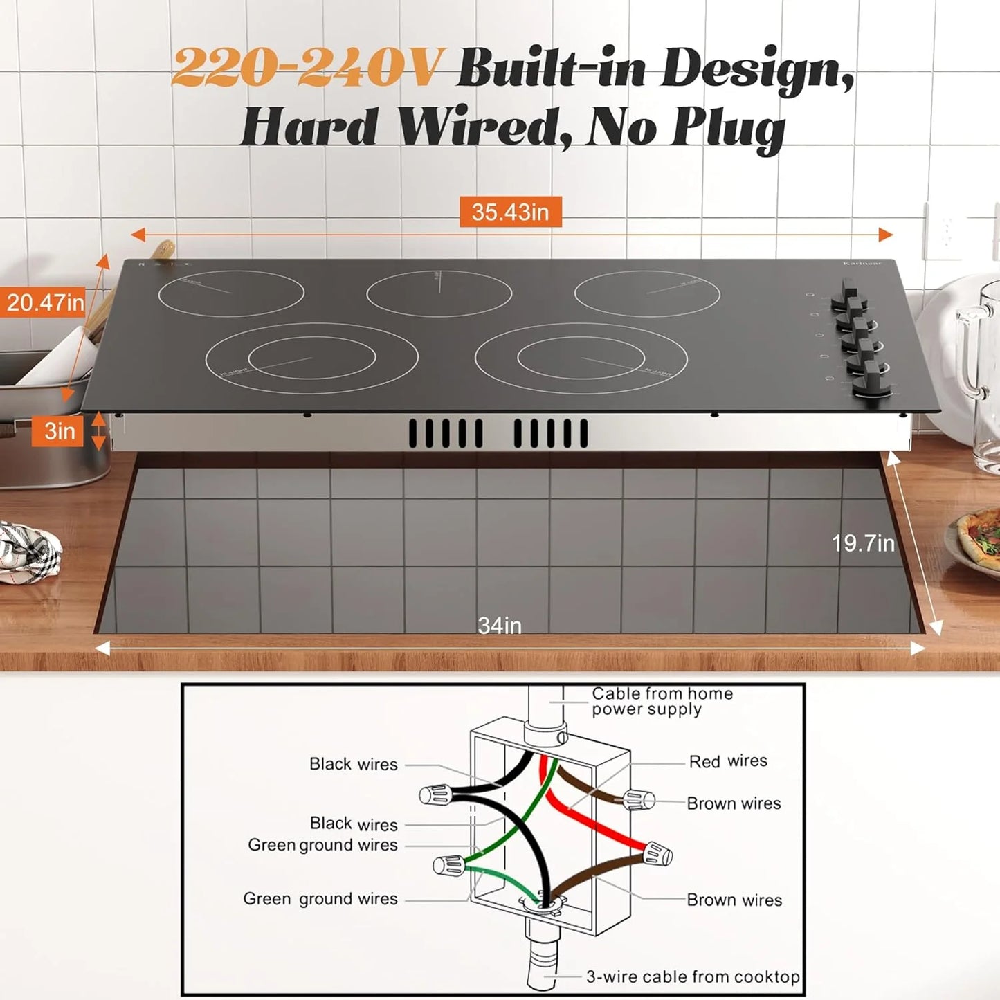 Karinear 30 Inch Electric Cooktop 4 Burners, Knob Control Built-in Ceramic Cooktop, 30" Radiant Electric Stove Top with Glass Protection Metal Frame,Hot Surface Indicator, 220-240v, Hard Wire, No Plug