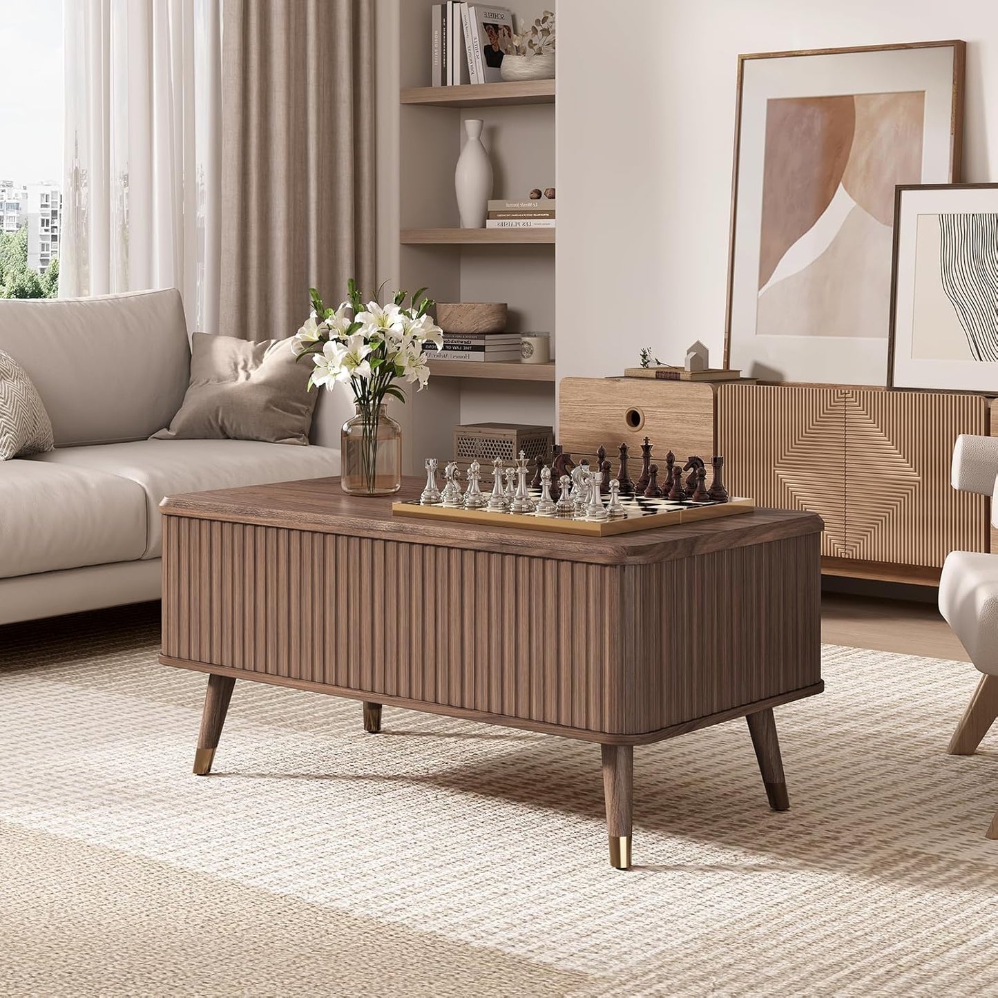 Round Coffee Table with Storage,Fluted Center Table with Sliding Cabinet Door for Living Room,Home Small Space,31.5" Small Center Table,Walnut