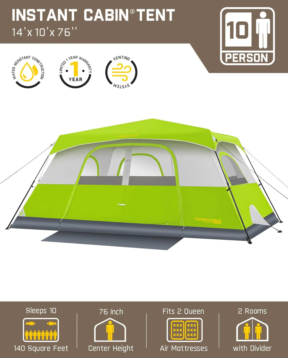 Portable camping tent for 4/6/8/10 people with instant cabin and rainproof and windproof