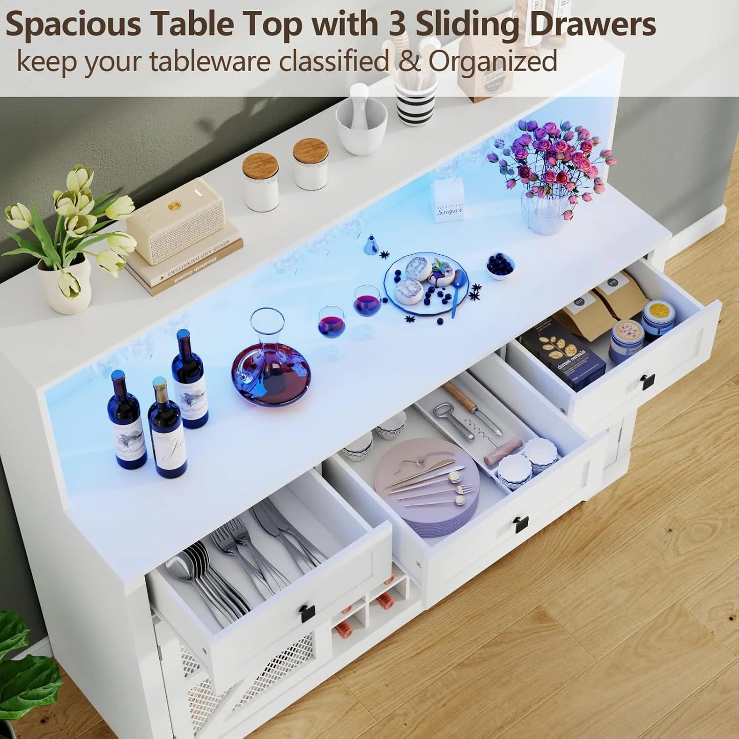 Wine Bar Cabinet with LED Light, Liquor Cabinet with Glass Holder, Coffee Bar for Liquor, Storage Buffet with Wine Racks, Wine Cabinet