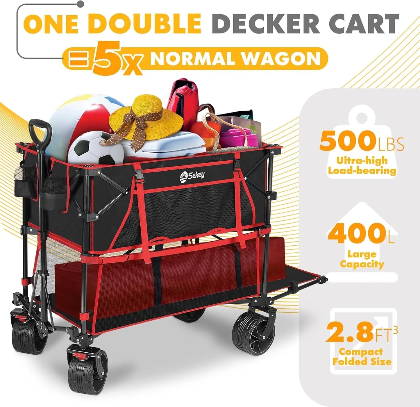 400L Large Capacity Folding Double Decker Wagon with Brakes, 50" Extra Long Extender Cart, 500lbs Heavy Duty Collapsible Wagons