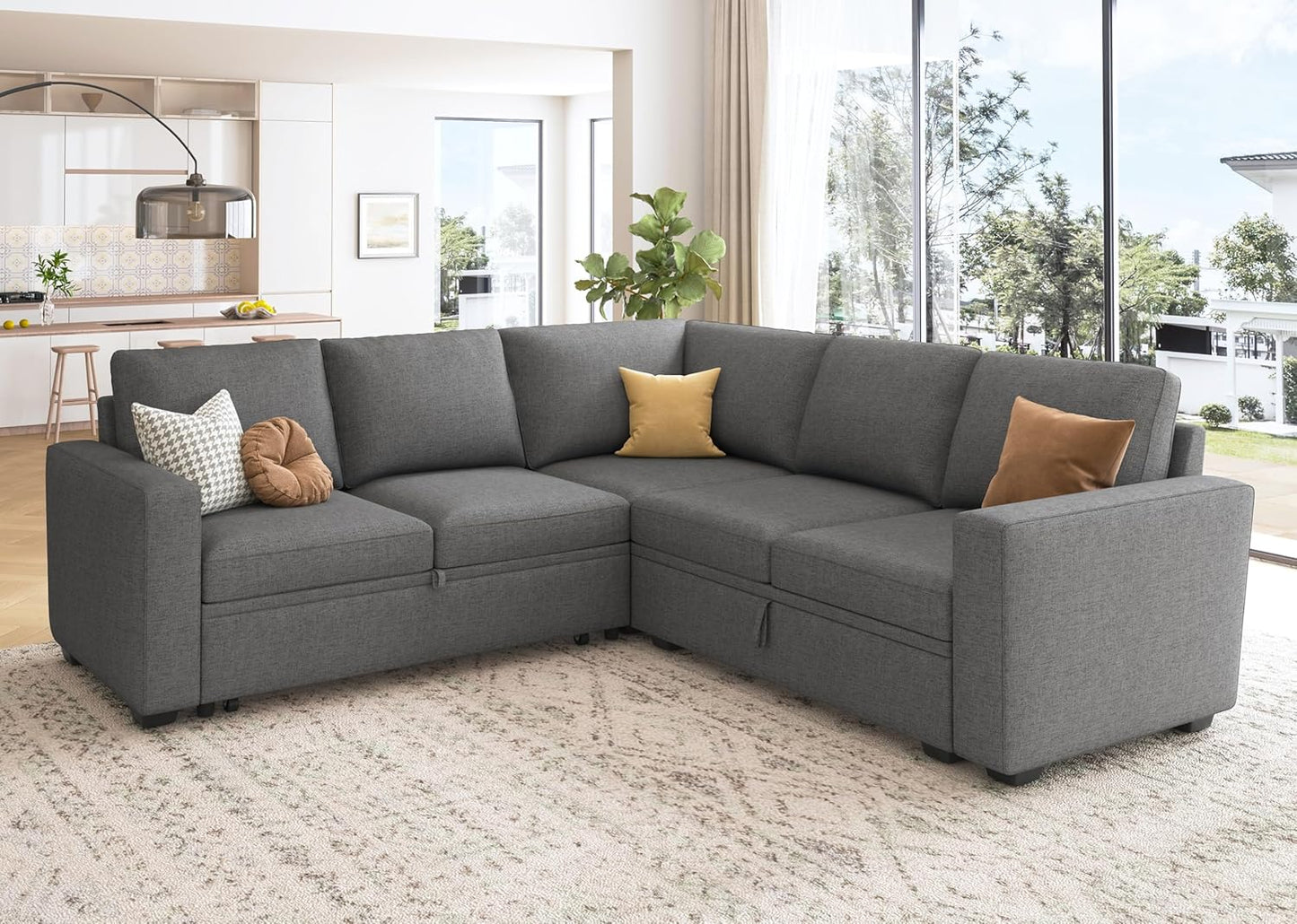 HONBAY Modular Sectional Sleeper Sofa with Pull Out Bed, L Shaped Couch with Storage Seat, Convertible Sectional Couches for Living Room