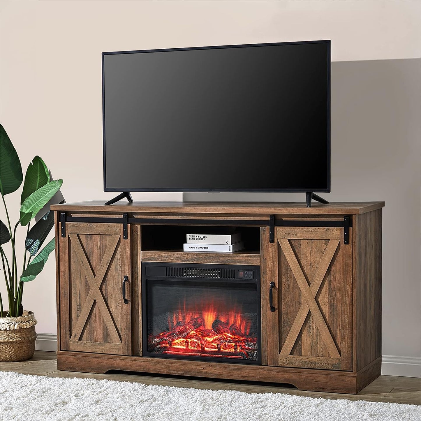 AMERLIFE Fireplace TV Stand with Sliding Barn Door for TVs up to 73", Farmhouse 63" Fireplace Entertainment Center with Storage Cabinets/Adjustable Shelves