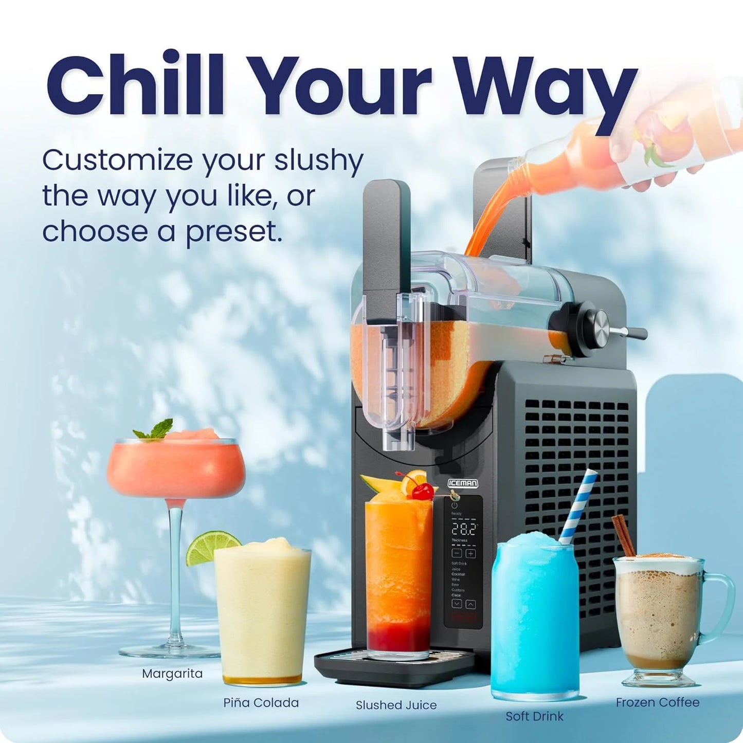 Iceman Slush-Ease Smoothie Maker, Frozen Drink Maker with 5 presets + custom options, easy dispensing wand for making frozen margaritas, slushies and smoothies