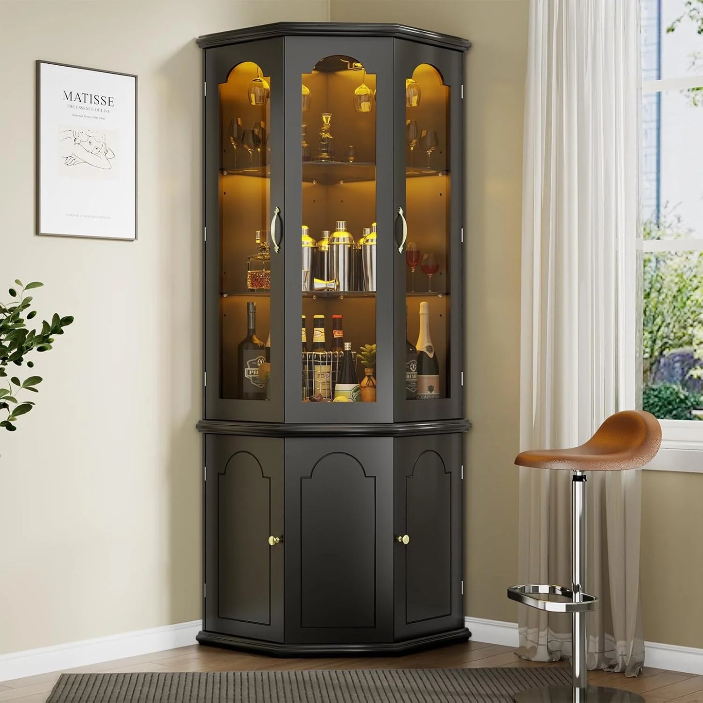 Corner wine cabinet with LED lights, tall modern wine cabinet, home bar wine storage cabinet