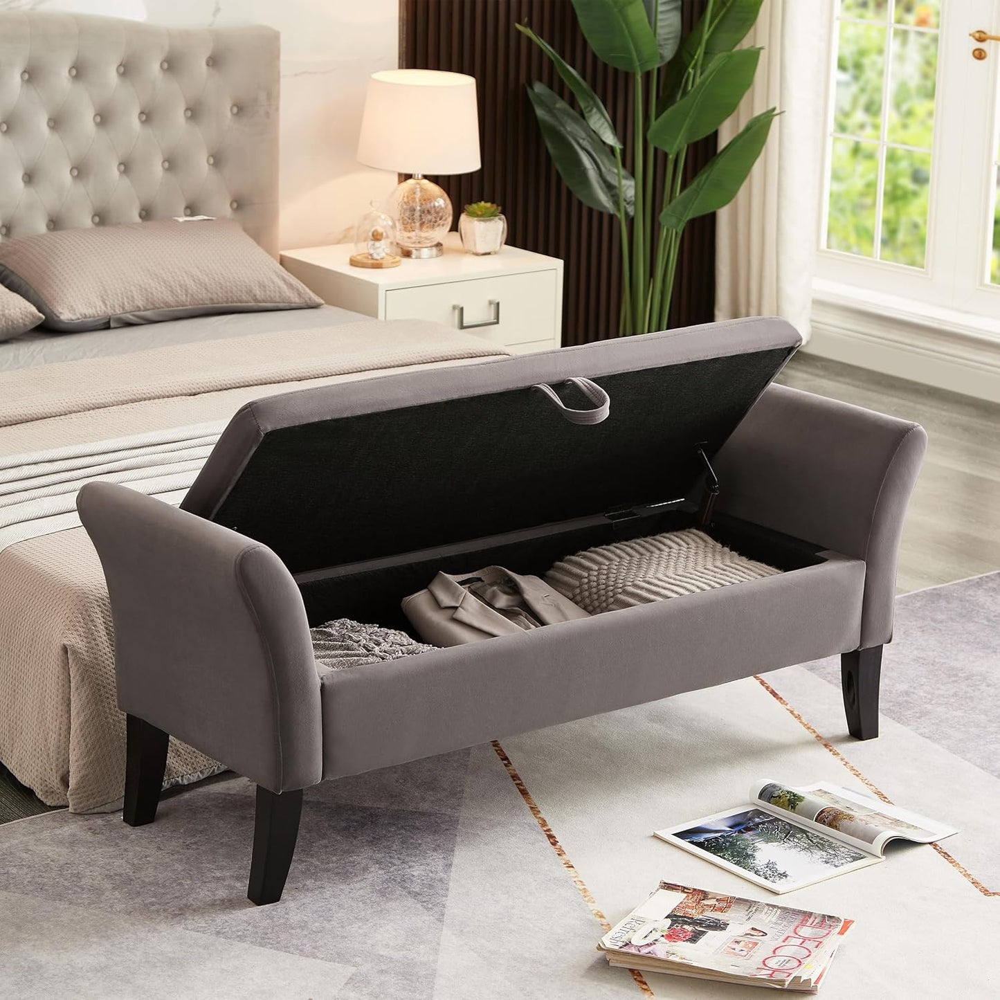 Furniliving Modern Storage Ottoman Bench, Sherpa Ottoman End of Bed Bench with Solid Wood Legs Upholstered Ottoman Benches with Storage Indoor Bench
