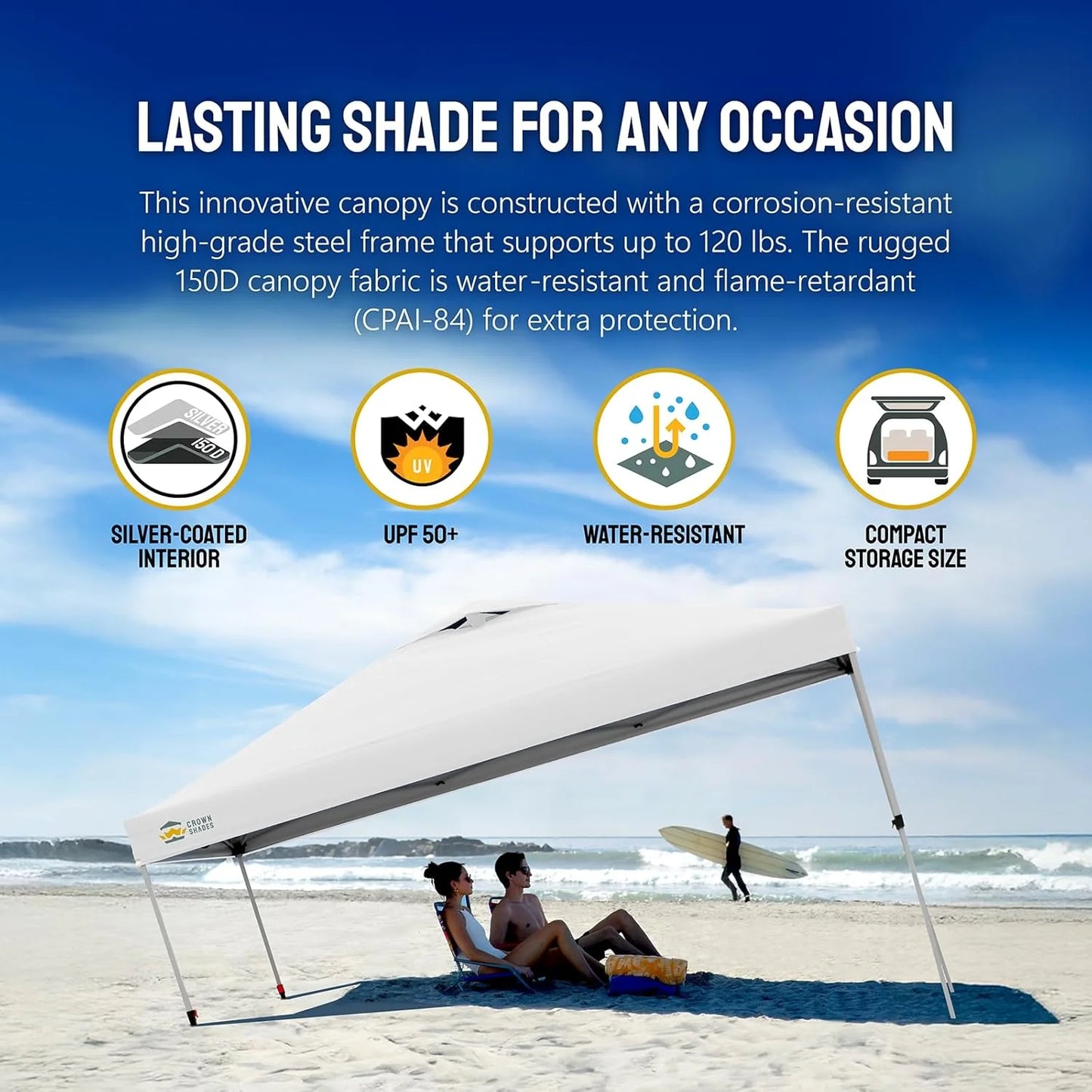 10x10 Pop-Up Awning - One-Click Installation Beach Tent - Outdoor Sunshade Silver Coated Top, 3 Heights and 4 Sand Pockets