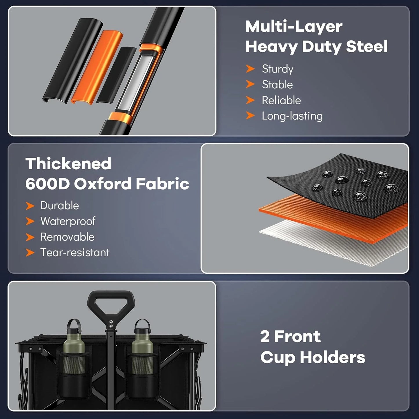 38" long foldable four-wheel stroller, foldable, 460 lb capacity, 220 liter heavy-duty folding beach stroller with large all-terrain tires