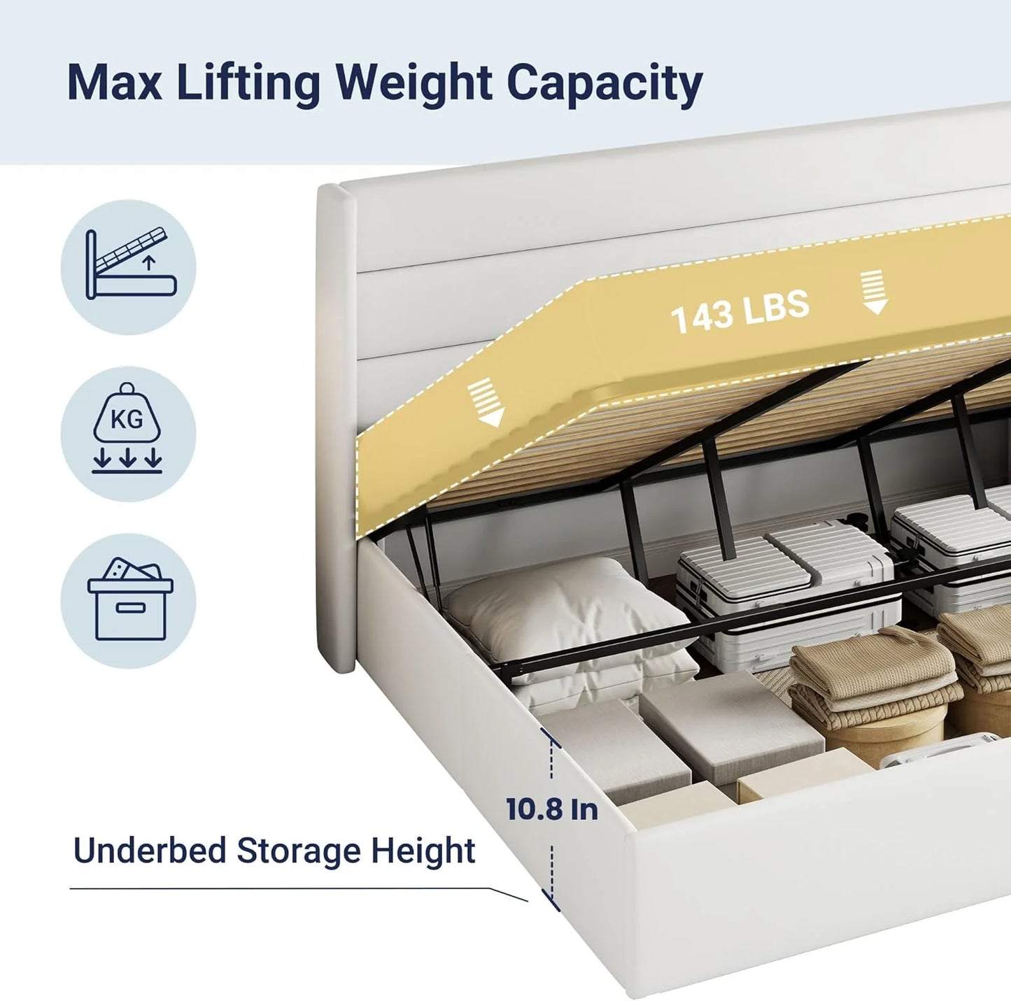 Allewie Queen Size Lift Up Storage Bed, Modern Wingback Headboard, Hydraulic Support, No Box Spring Needed, Light Beige
