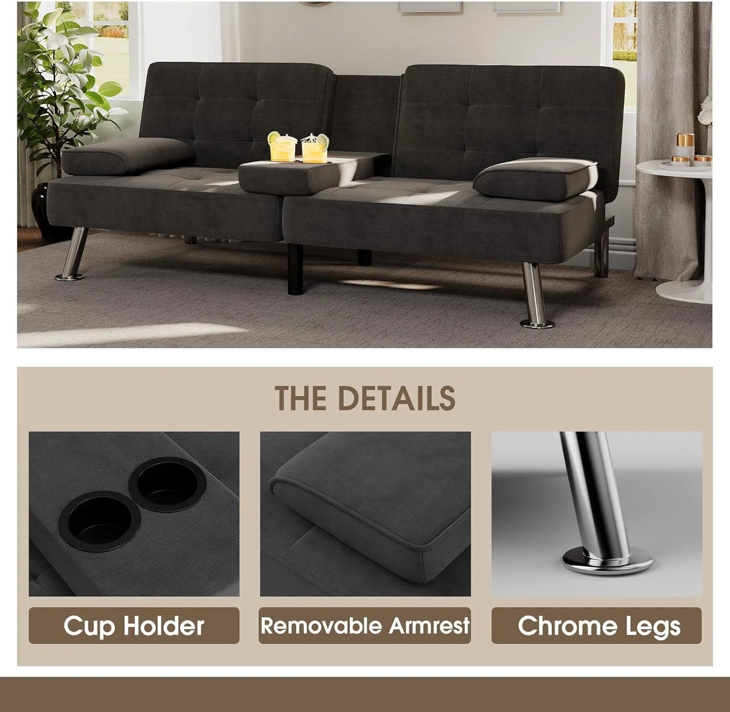 Flamaker Futon Sofa Bed Modern Folding Futon Set Convertible Recliner Lounge for Living Room with 2 Cup Holders, Removable Armrests (PU Leather, Black)