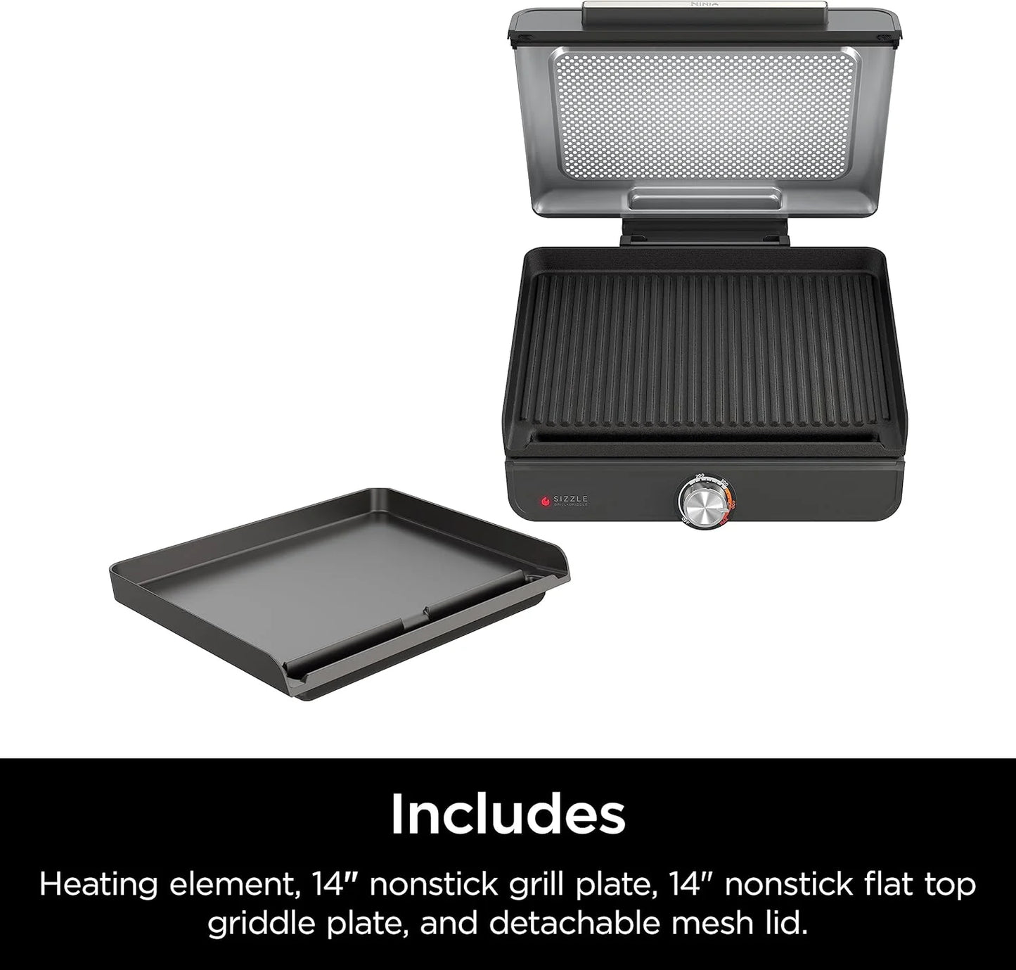 Griddle and Indoor Grill, 14’’, Electric Grill, For Steak, Burgers, Salmon, Veggies, and More, Pancake Griddle, Nonstick, Dishwasher Safe, 500F, Even Cooking, Silver, GR101