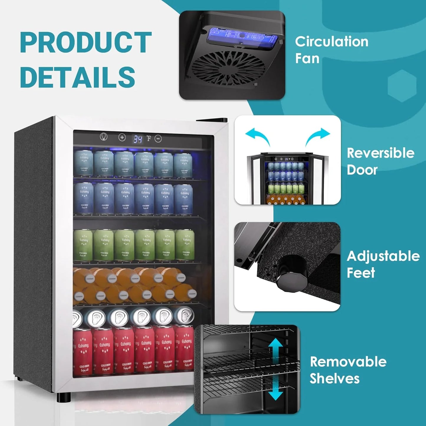 EUHOMY Beverage Refrigerator Cooler, 130 Can Mini Fridge with Glass Door for Soda Beer or Wine, Beverage Cooler for Home, Office, Bar with Adjustable Removable Shelves, Silver